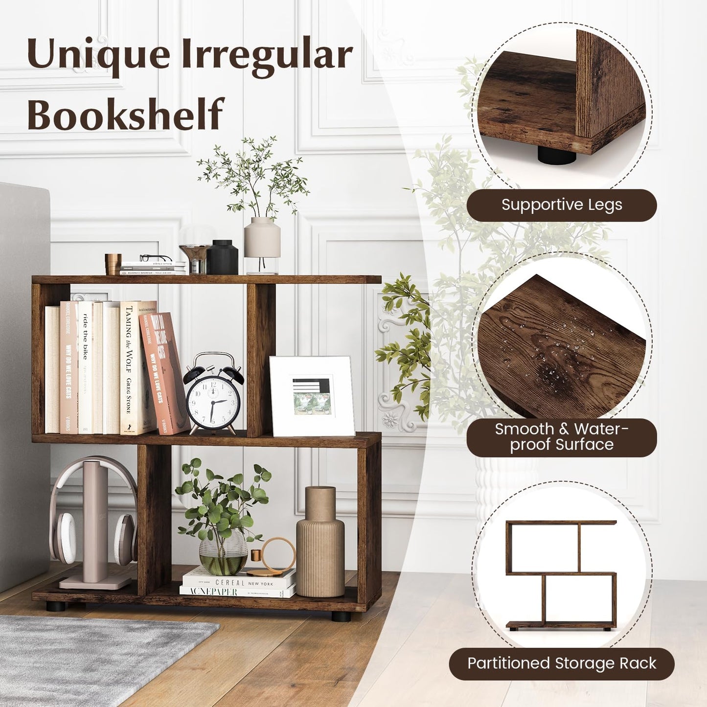 Giantex 3-Tier Geometric Bookshelf, 24" Tall Wood S-Shaped Display Shelves with Thick Foot Pads, Freestanding Open Shelves Nightstand, Floor Standing Display Shelf Bookcase, Brown