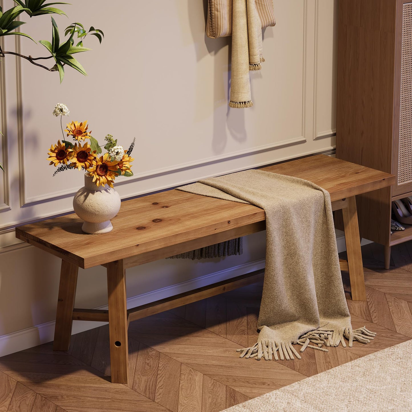 TRIBEWOOD 55" Solid Wood Bench, Farmhouse Long Bench Seat for Entryway, Dining Room, Living Room, Solid Wood, Rustic Brown