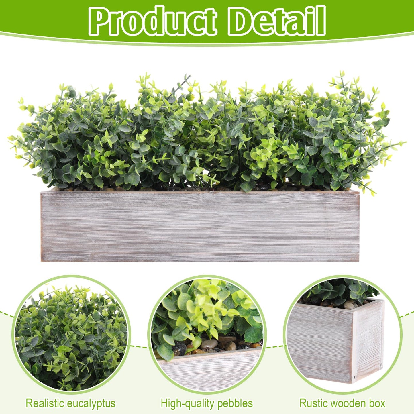 Lyrow 2 Pack Artificial Eucalyptus Plant in Rustic Rectangular Wooden Planter Box Greenery Faux Potted Herb Plant for Indoor Wedding Table Centerpiece(Green,16.1 x 3.7 x 8.7 Inches,Classic Style)
