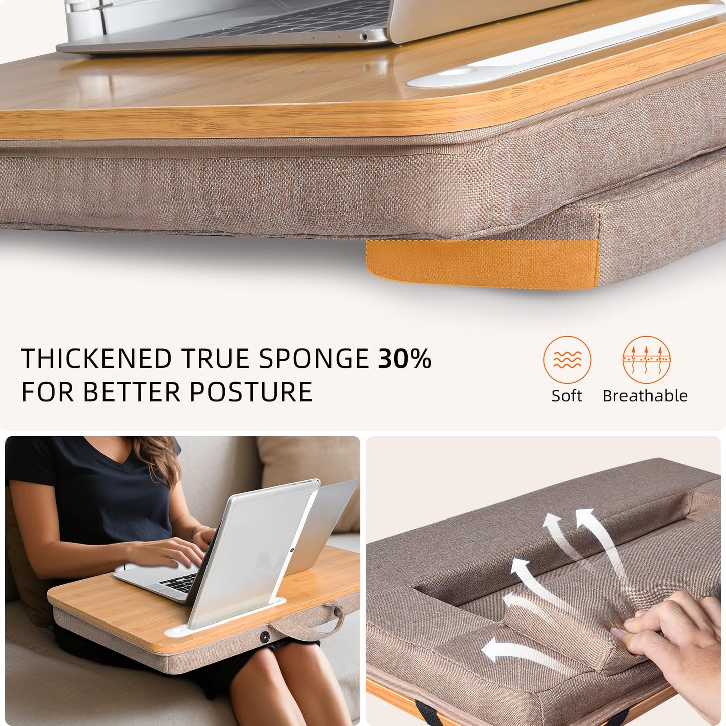 wishacc Portable Lap Desk Tray, Natural Wood, Large 21.1 x 12.9 Inch, for Home Office