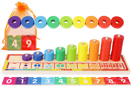 TOWO Wooden Stacking Rings and Counting Games with 45 Rings Number Blocks- Counting Ring Stacker-Wooden Sorting Counting Toy for 3 Years Old Kids Maths Learning Montessori Materials