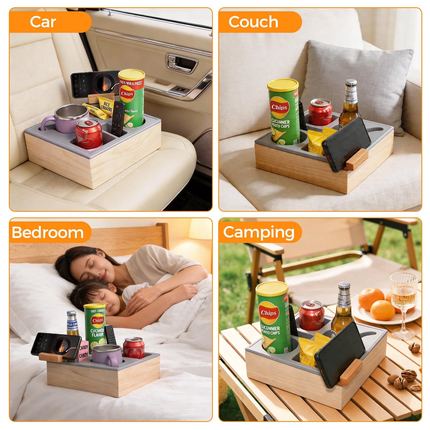 ThinRinRin Wooden Couch Cup Holder Tray with Phone Holder and Couch Caddy