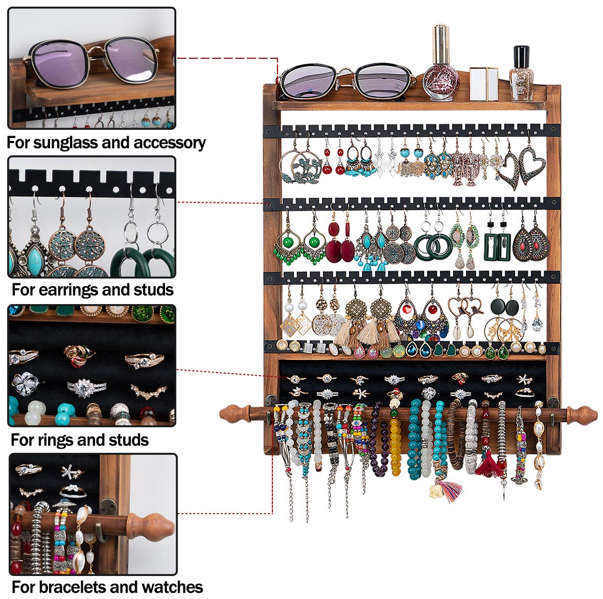 QILICHZ 3Pcs Jewelry Organizers and Storage,Wood Earring Organizer,Hanging Jewelry Organizer,Rustic Wall Jewellery Organizer,Wall Mounted Earring Holder for Storage Display Gift (Brown+Black)