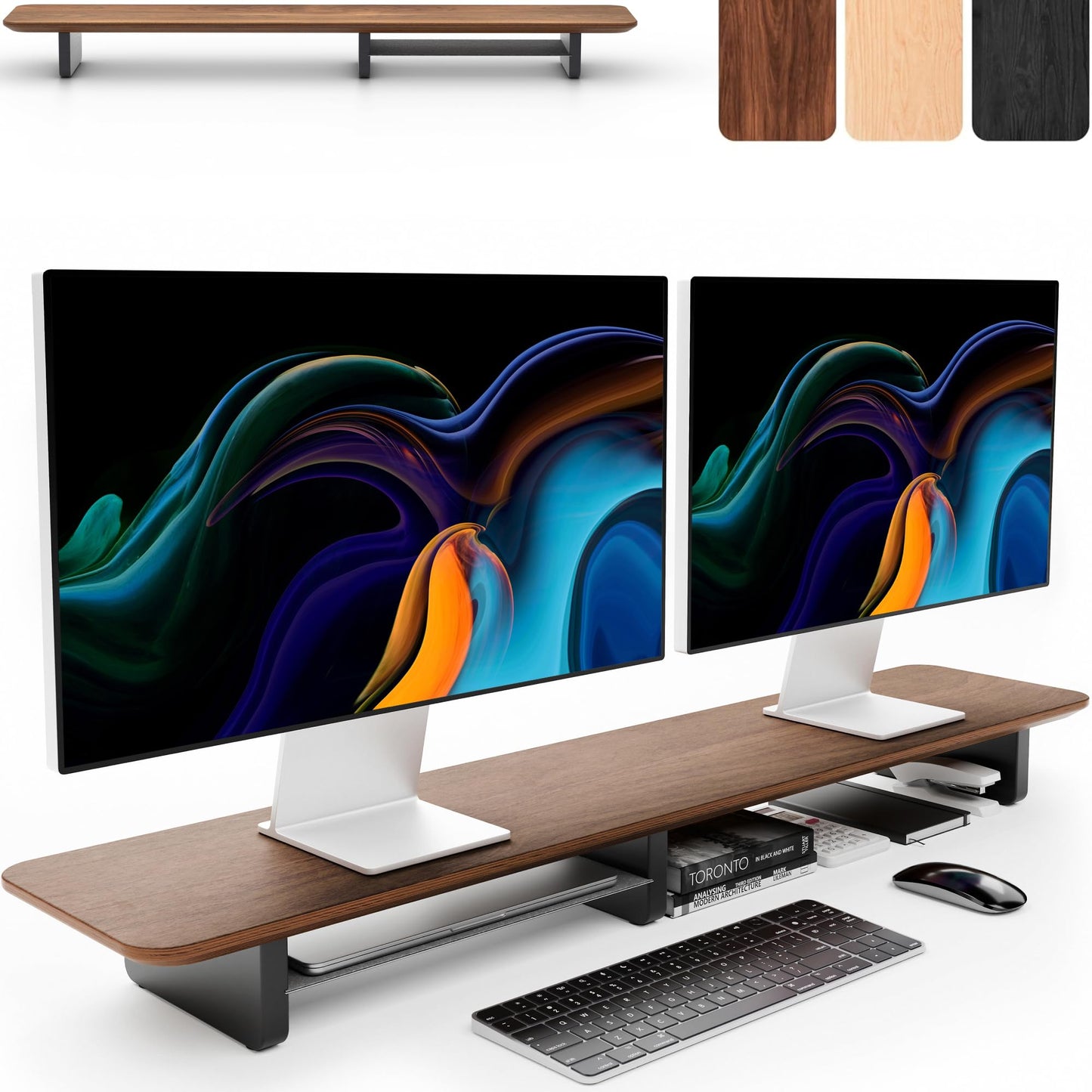 KIVY Dual Monitor Riser with Integrated Metal Shelf - Wooden desk shelf for top of desk - Wood monitor stand for desk 2 monitors / tv - Dual monitor stand riser for desk - Large walnut monitor stand