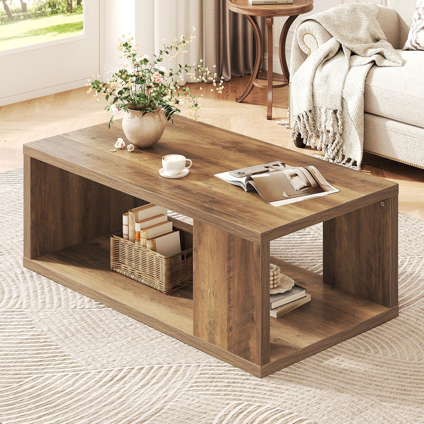 LVB Rustic Coffee Table with Storage, Modern Wood Coffee Tables for Living Room, Farmhouse Large Wooden Rectangle Center Table, Unique Wide Low Tea Table for Small Home Office, 39 inch, Rustic Oak