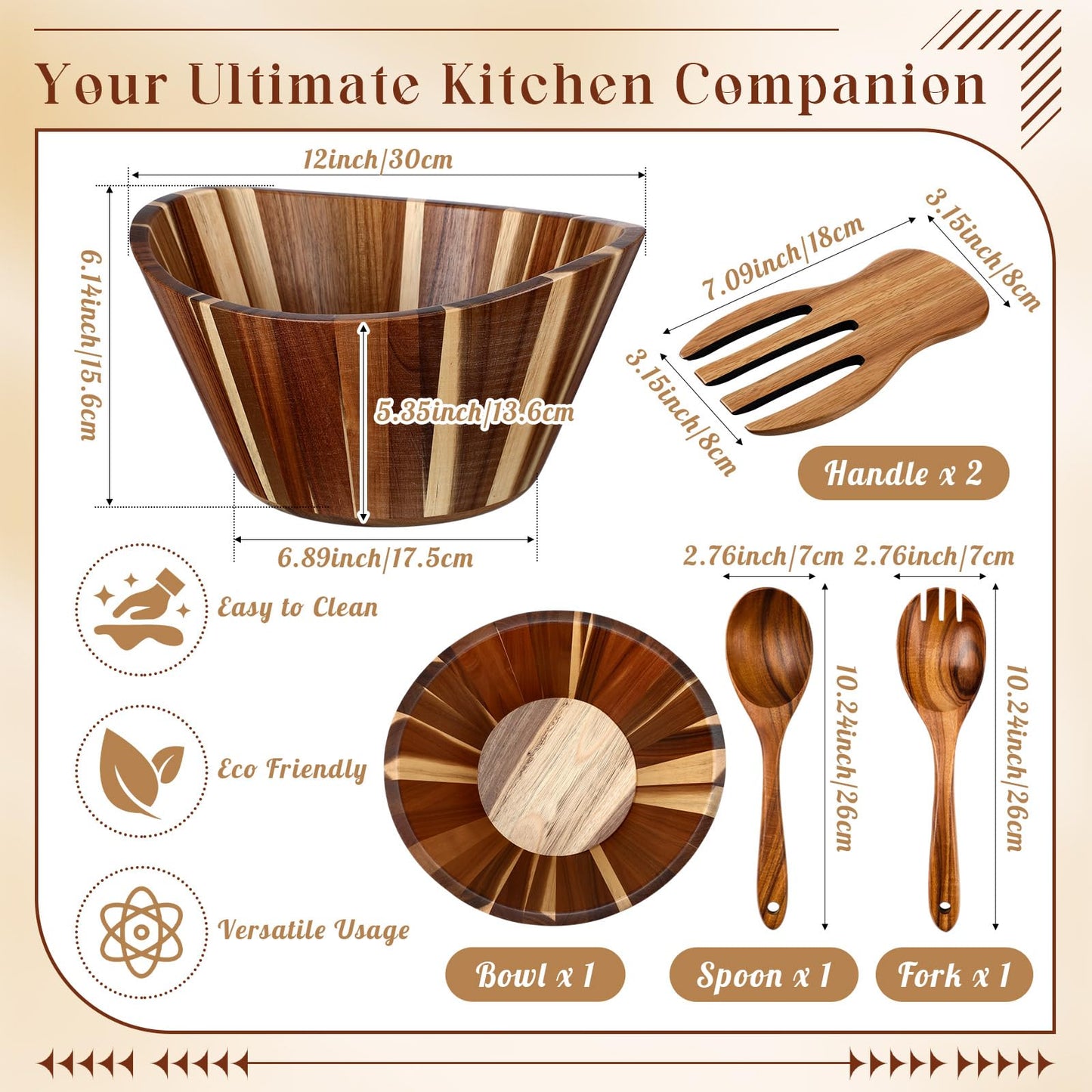 LemonRoad Wooden Salad Bowls Set 12 inch Wavy Large Acacia Wood Serving Bowl with 2 Wooden Hands 2 Utensils Fork Spoon for Fruit, Salad, Cereal, Corn flake, Pasta, Food (Wavy)