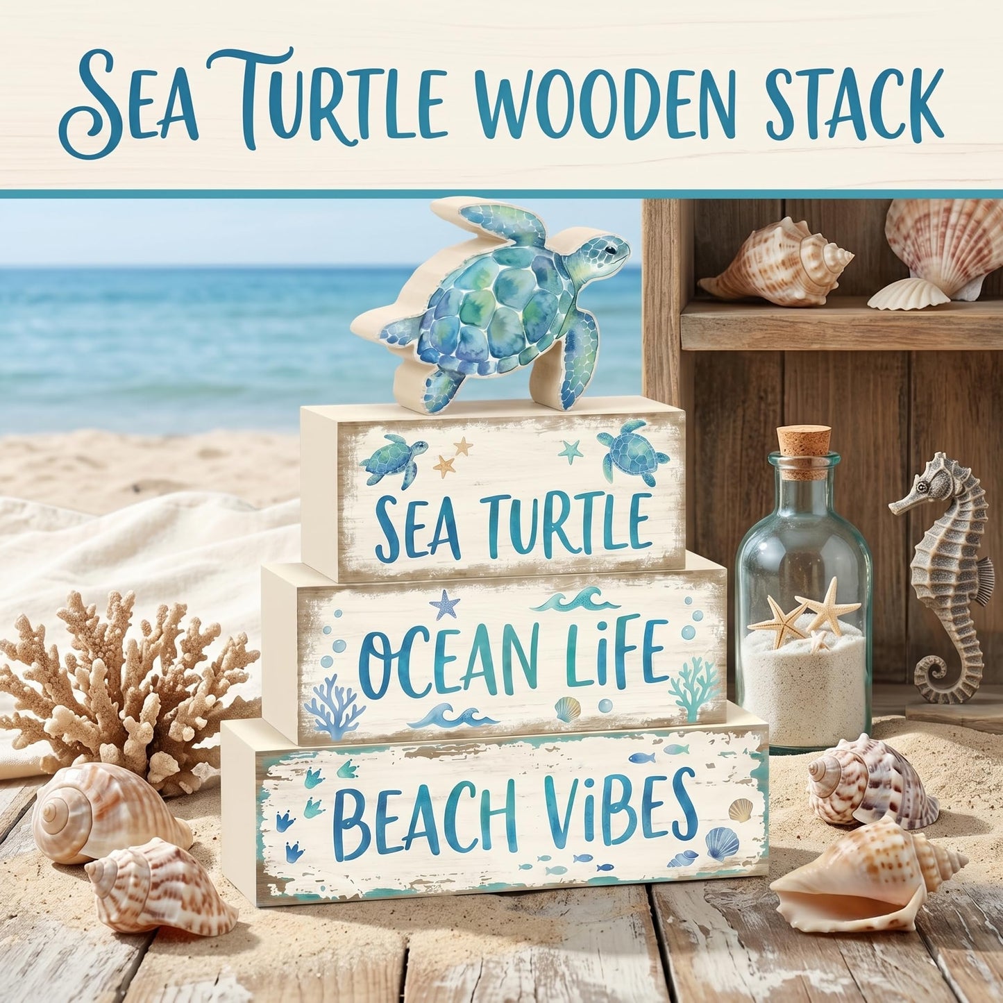 4 Pcs Summer Sea Turtle Bathroom Decor Summer Ocean Table Decorations Beach Tiered Tray Decor Coastal Wooden Signs Shelf Sitter Save The Sea Home Kitchen Office Decorations