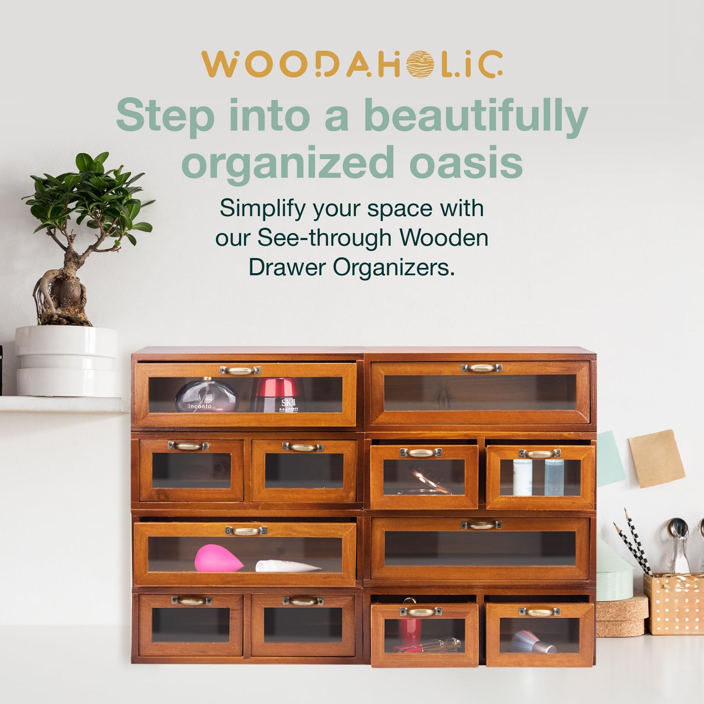 Modular Stackable Fully Assembled Set of 4 Storage Drawers - 12 Drawer See-Through Display Cabinets - 4-Level Desktop Organizer - Wood Box w/Metal Handle Collectible Card Bedazzling Decluttering
