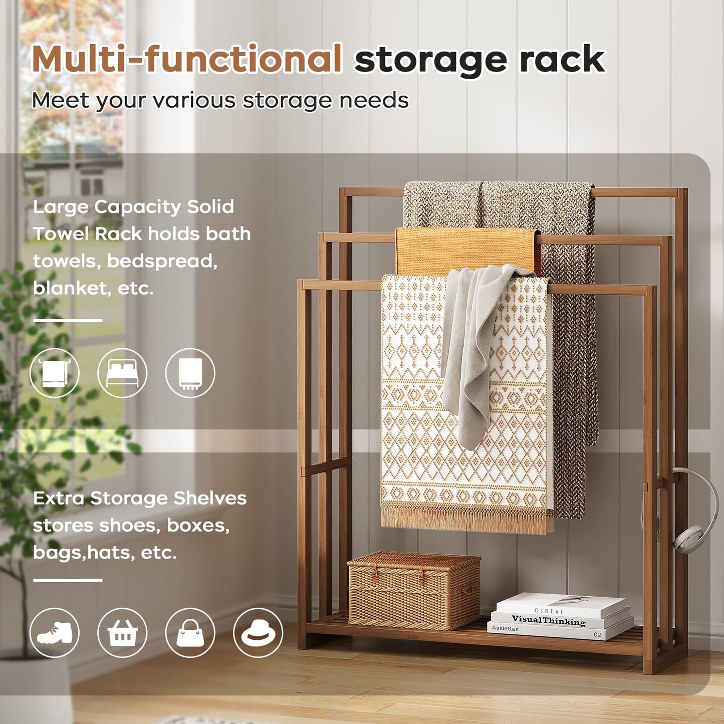 oakvivo 39.3'' Tall Freestanding Towel Rack, 3 Tier Blanket Racks with Shelf, Bamboo Towel Drying Rack for Laundry Bathroom Hand Towels Blanket Holder (Walnut)