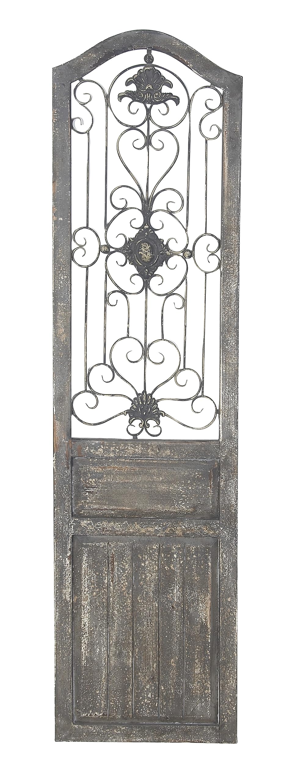 Deco 79 Wood Scroll Home Wall Decor Distressed Door Panel Wall Sculpture with Metal Wire Details, Wall Art 19" x 1" x 72", Brown