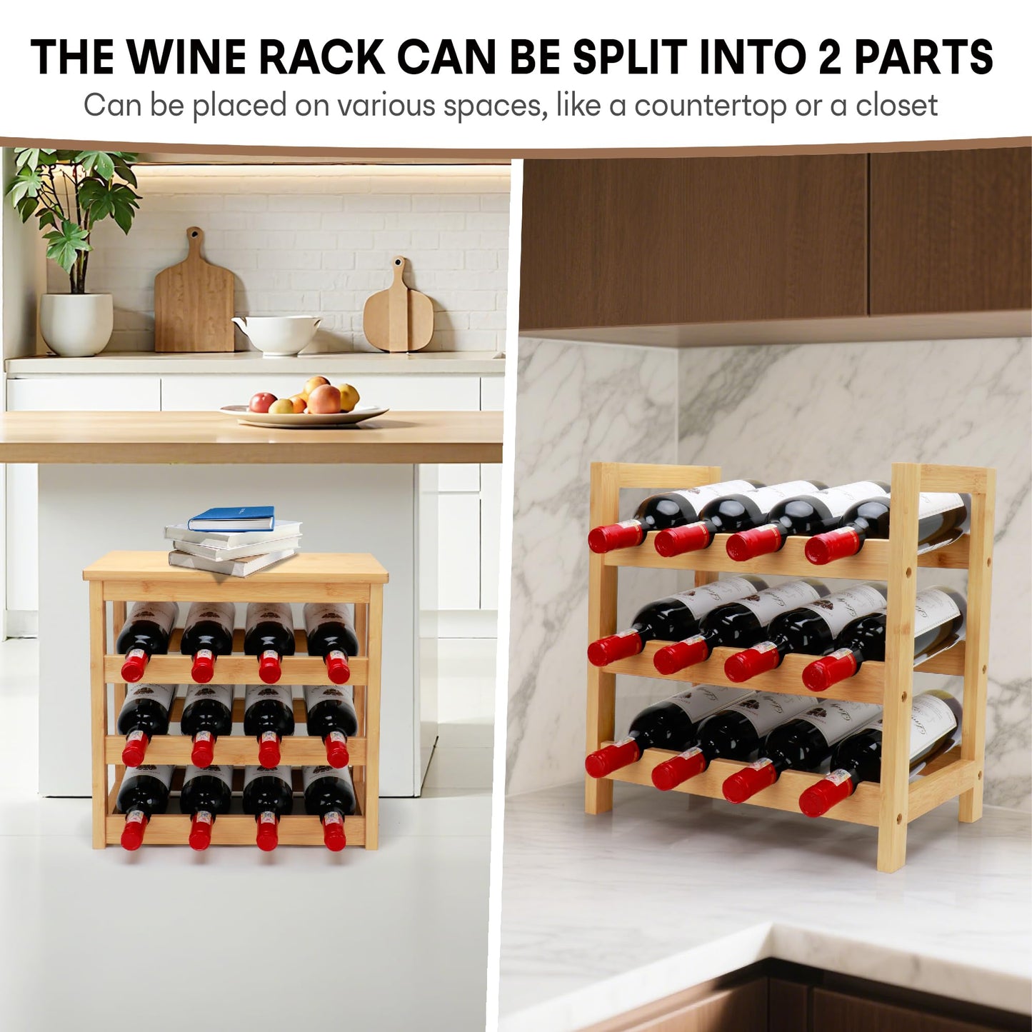 Thalomely Wine Rack Free Standing Floor, 6-Tier 24 Bottles Display Wine Storage Shelves with Table Top, Easy-Assembly Freestanding Bamboo Wine Racks for Kitchen Dining Room Bar, Natural