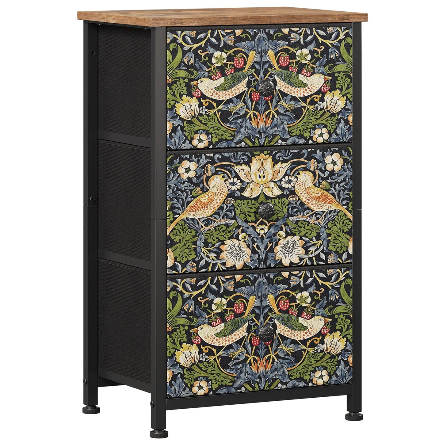 Welfuturer Dresser with 3 Drawers Strawberry Thief Drawer Dresser for Bedroom Vintage Nightstand Small Dressers & Chests of Drawer for Halfway Entryway Living Room Sturdy Steel Frame Wood Top, Brown