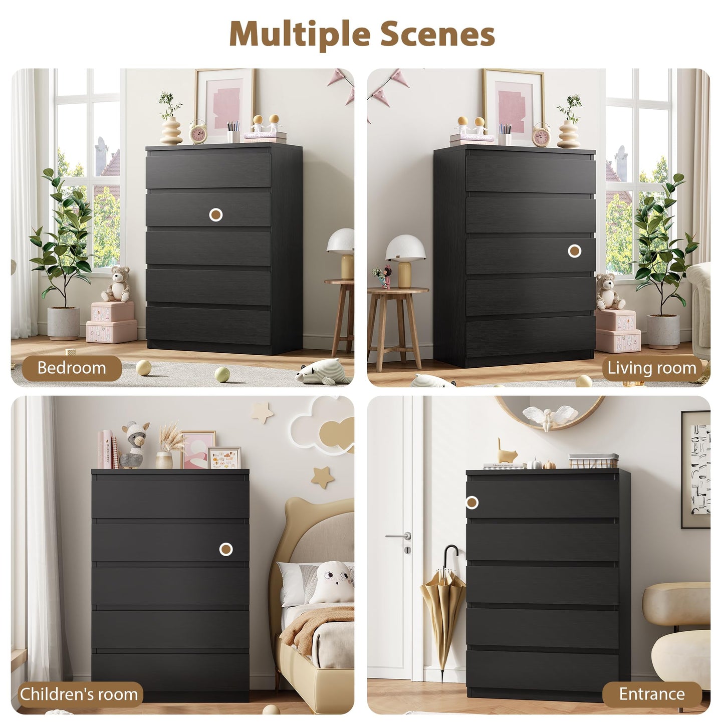 Jocoevol Black 5 Drawer Dresser for Bedroom, 15" D x 23.7" W x 40.4" H in Simply Chest of Drawers, Wood Storage Dresser with Drawers for Living Room Hallway Entryway, Black