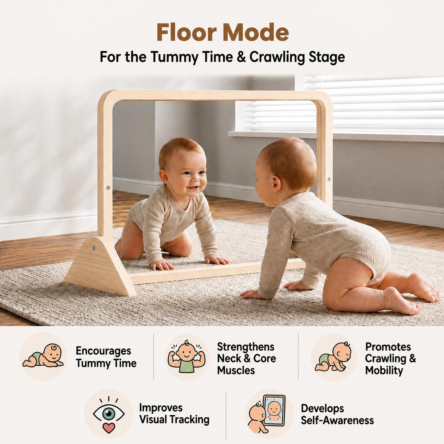 Woodtoe 3-in-1 Montessori Mirror with Bar, Adjustable Toddler Mirror & Pull Up Bar, Montessori Learning Toy for Baby 6-18 Months, Nursery Mirrors, Natural Wood Furniture for Daycare, Kids Classroom