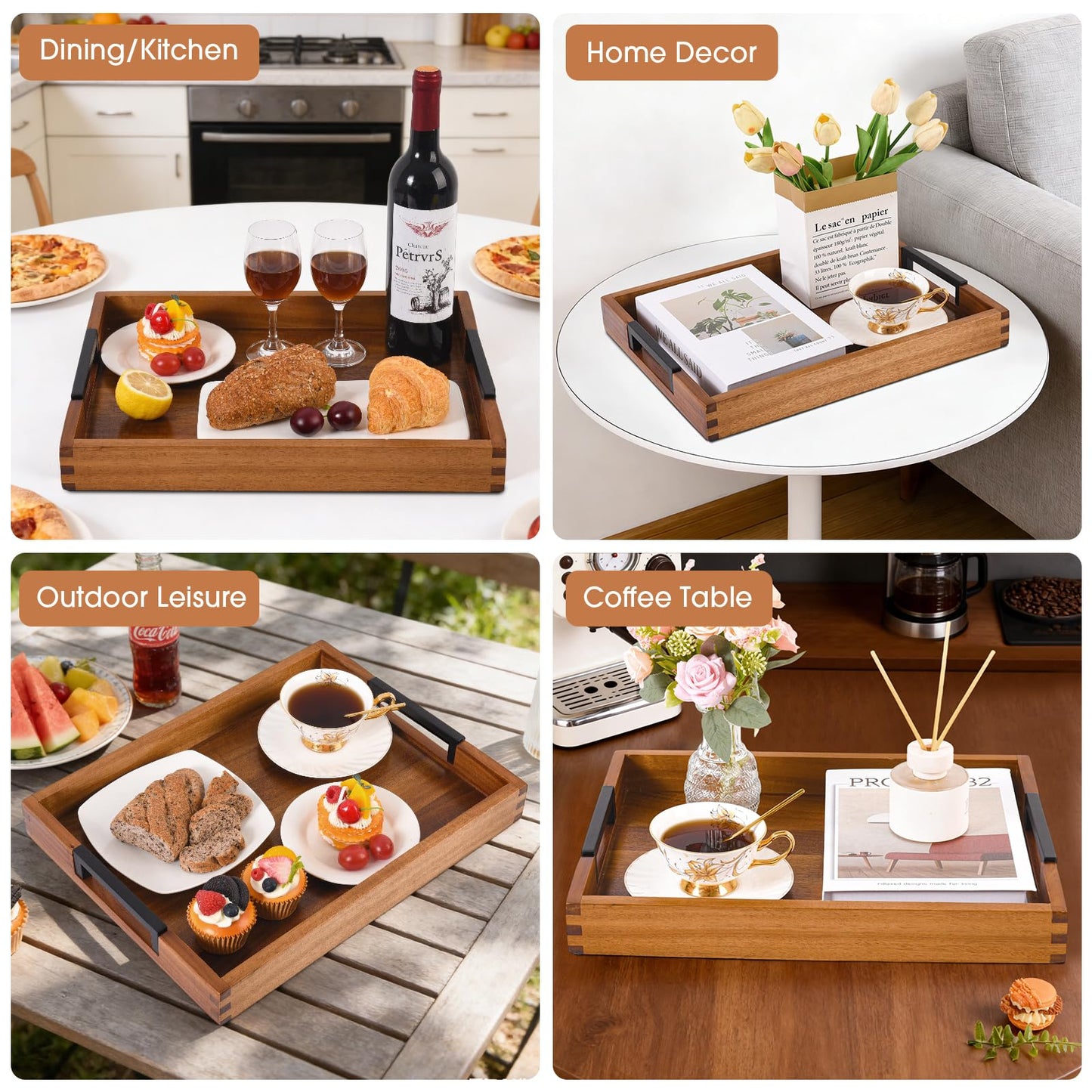 Large Ottoman Tray for Living Room and Coffee Table, Decorative Acacia Wood Serving Tray with Metal Handles for Breakfast in Bed, Dinner Food Kitchen TV (Natural, 17" x 13" x 2")
