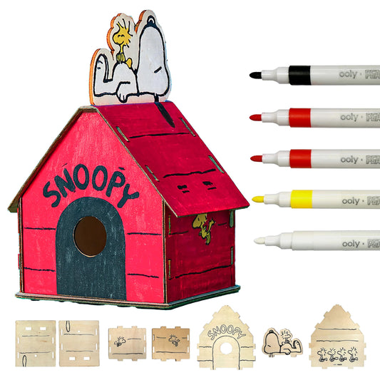 Ooly x Peanuts Snoopy Birdhouse Kit, Build & Paint Wooden Craft with 5 Acrylic Paint Markers, Twine & Instructions, Kids Craft Set Featuring Snoopy & Woodstock