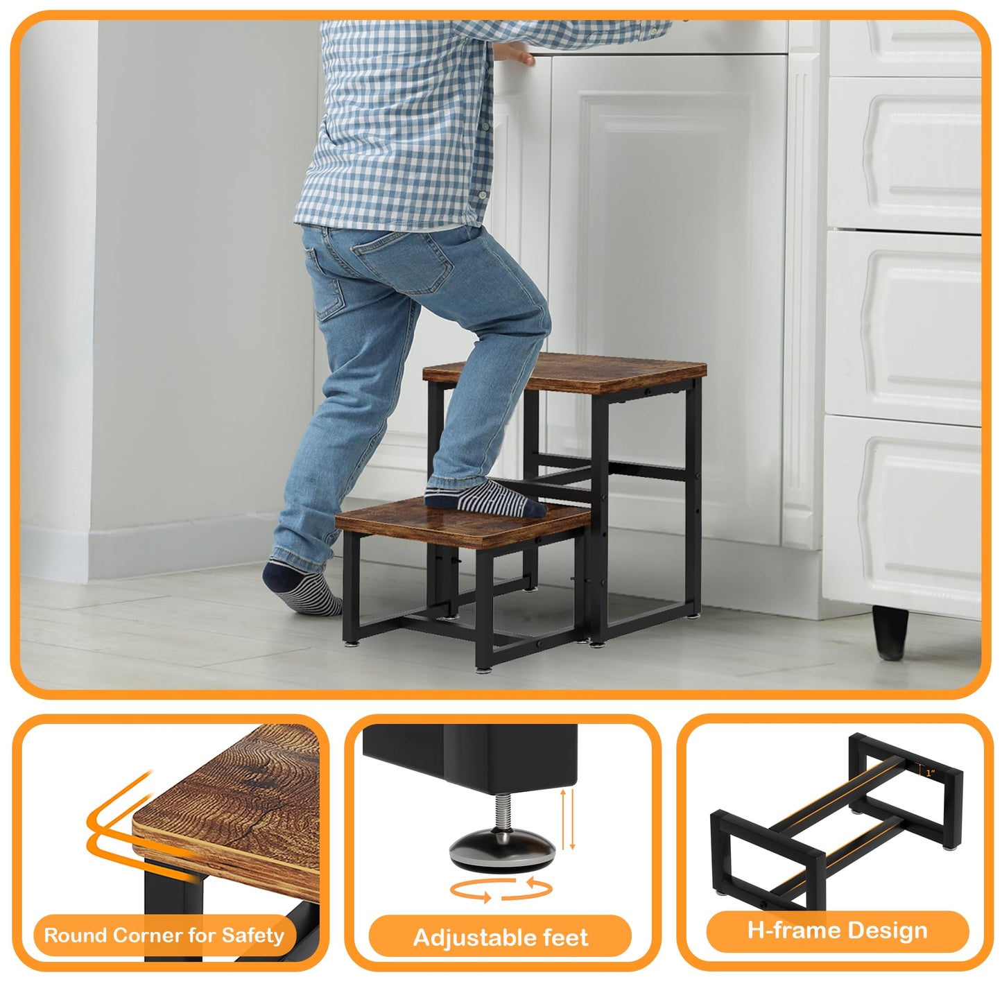 Toddler 2 Step Stool, Kids Wooden 2 Step Stools for Bathroom, Kitchen, Bedroom and Living Room, Heavy Duty Tall Stepping Stool for High Beds and Toilet up to 450-LBS