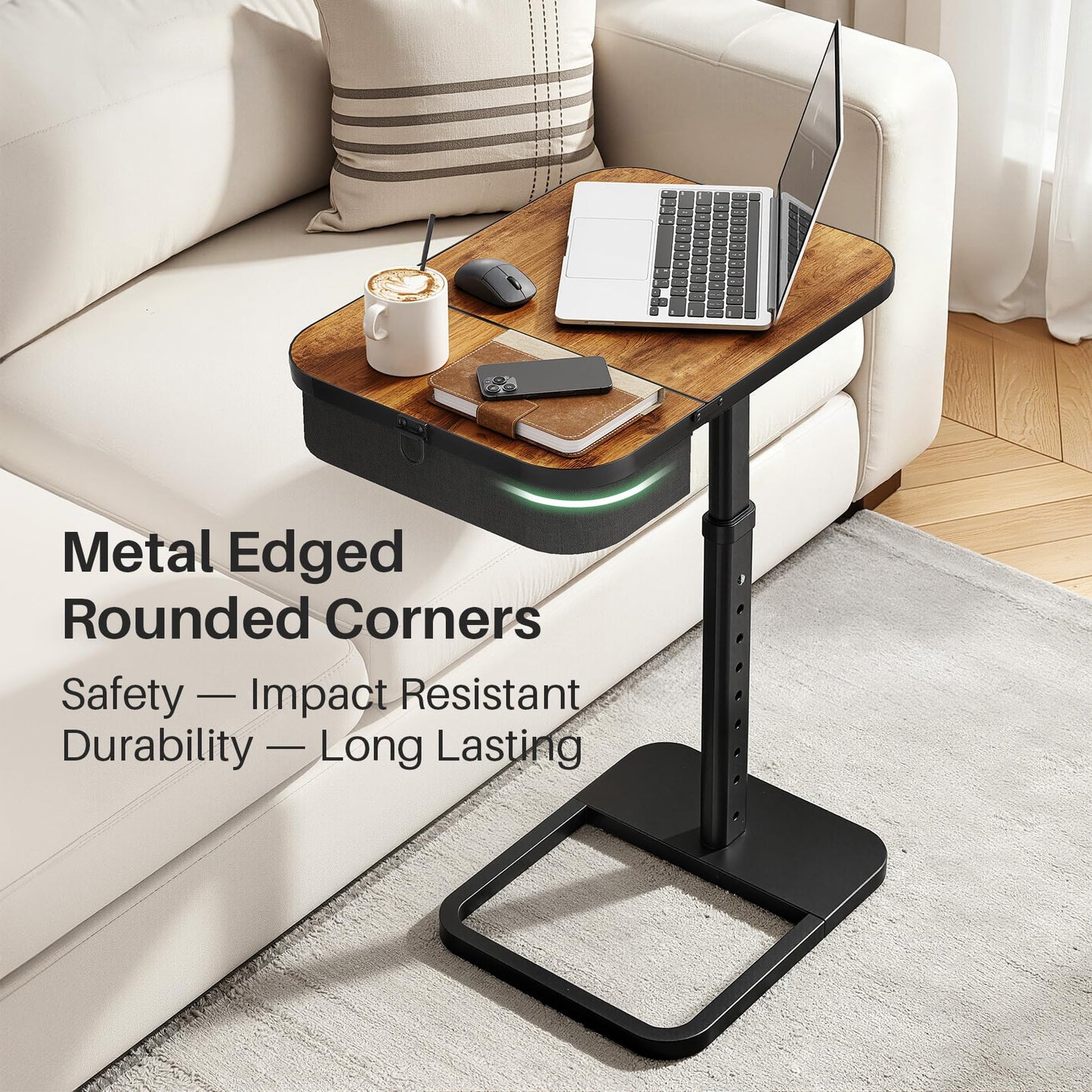 Kitstorack Large TV Tray Table with Flip-Top Storage Compartment for Extra Storage Space, 9 Adjustable Heights TV Trays, Safe Rounded Corners for Living Room, Bedroom, Study, Home Office, Brown