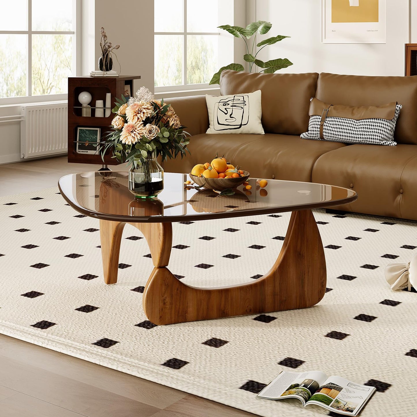 JCAJCA Coffee Table for Living Room Mid Century Modern Center Table with Glass Top and Wood, 36 Inch, Brown/Walnut