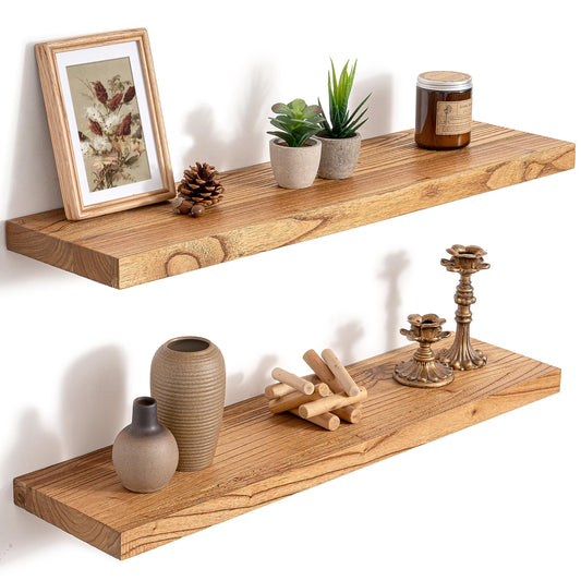 RICHFOCUS 30inch Natural Floating Shelves for Wall, 8" Deep High End Solid Real Wood Wall Shelves for Bathroom, Rustic Wooden Floating Shelves with Invisible Brackets for Books Storage Decor, Set of 2