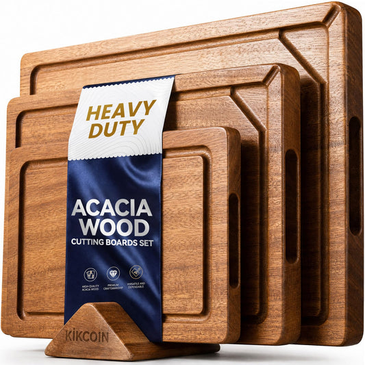 Kikcoin Acacia Wood Cutting Boards for Kitchen, 3 PCS Wooden Cutting Board Set with Holder, Chopping Board with Compartments and Juice Groove, Solid Charcuterie Boards Serving Tray Wood Butcher Block