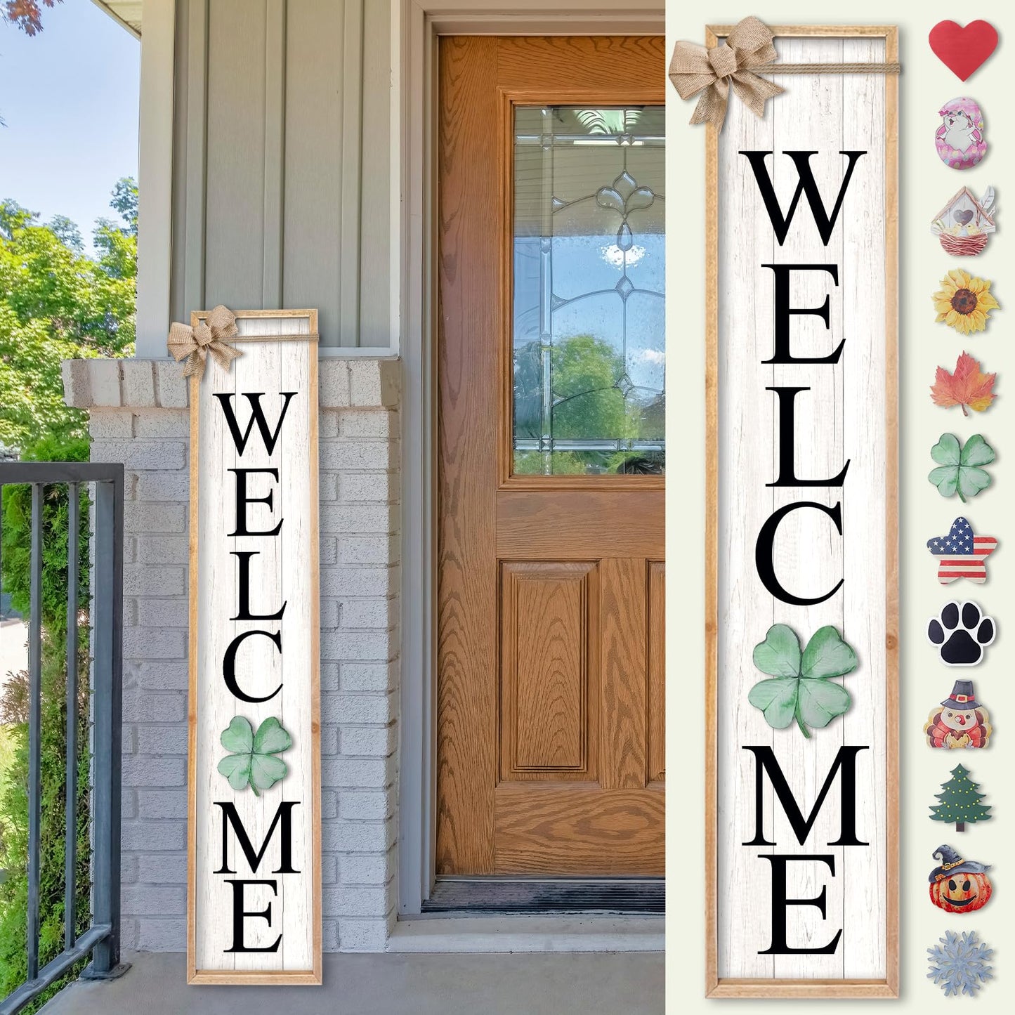 TQianJiang Interchangeable Welcome Sign for Front Porch Standing 45"X9" 12 Pcs Replaceable Signs Vertical Leaner Wood Framed Outdoor Decor (Wood White)