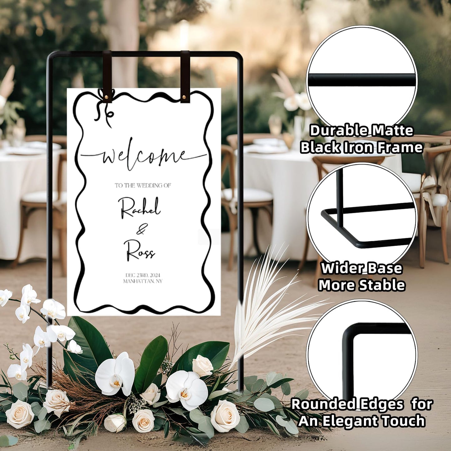 Wedding Sign Holder, Adjustable Welcome to Our Wedding Sign Stand W/Design Bundle & Leather Sign Hanging Straps, Heavy Duty Easel Stand for Sign, Wedding Seating Chart Stand, Easel for Display (Black)