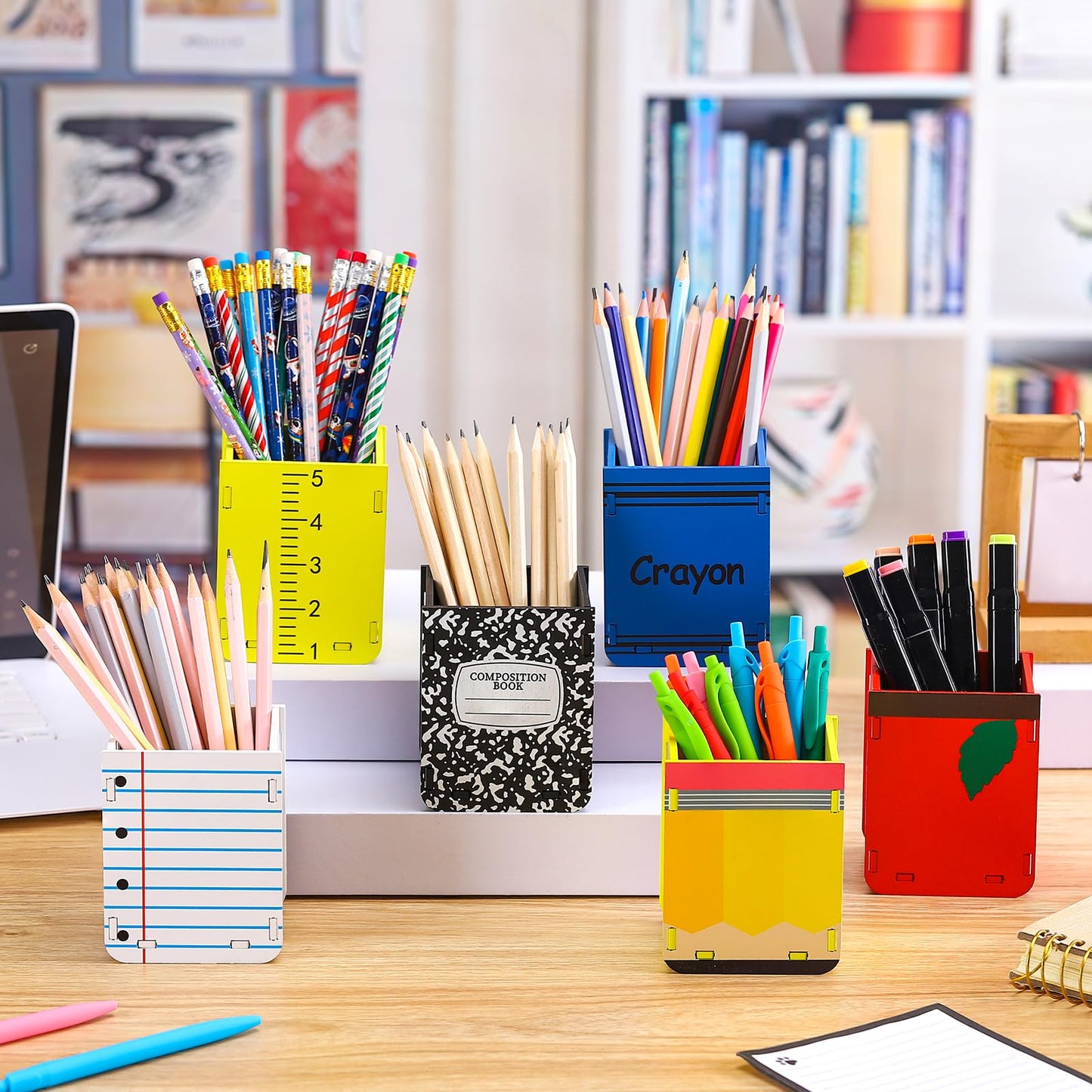 Sherr 6 Pcs Wooden Pencil Dispenser for Classroom Back to School Pencil Holder Classroom Pen Holder Storage Organizer for Teachers Classrooms Office Desk Organization