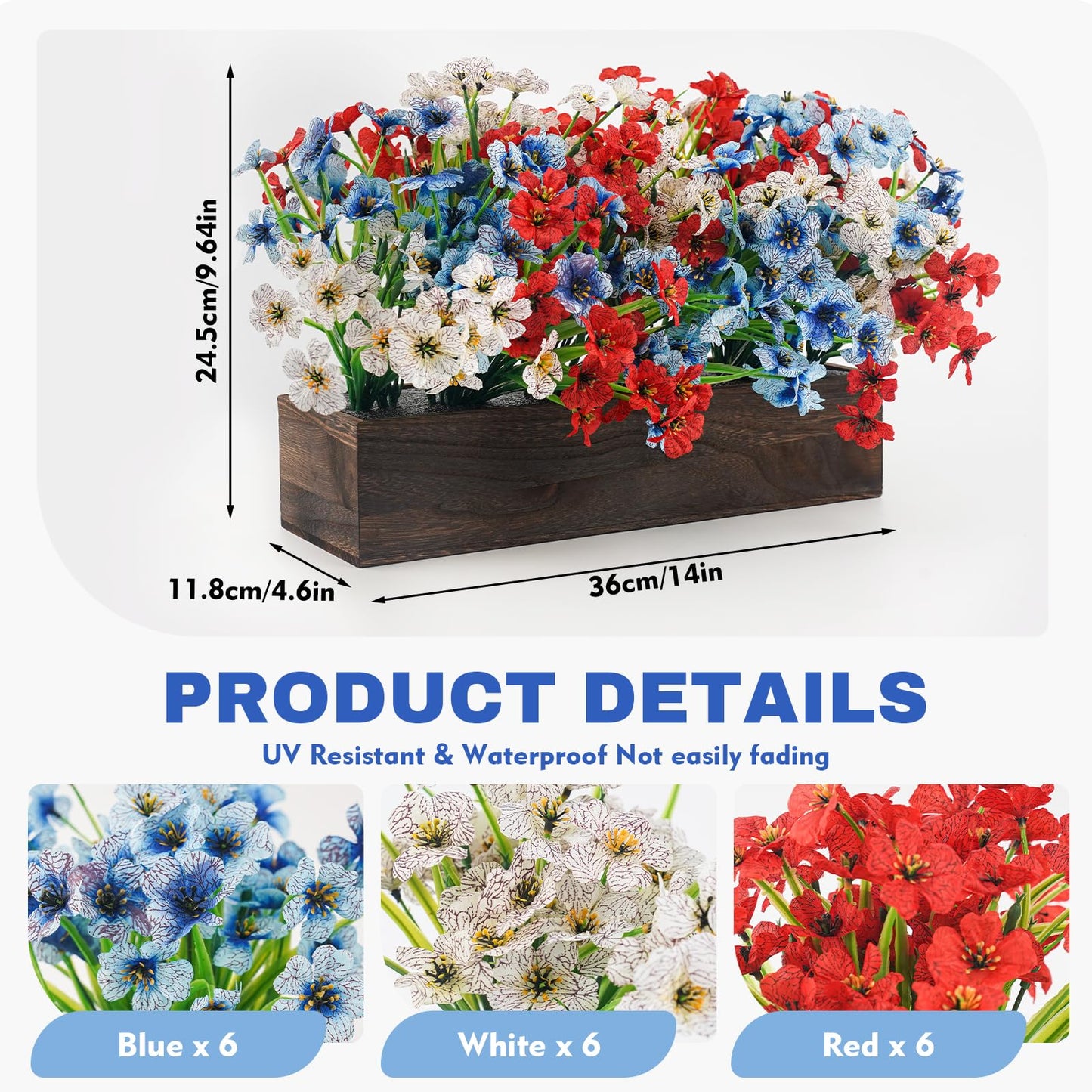 Red Wihte and Blue Flower Centerpieces for Table, 4th of July Artificial Flower Decorations 18Pcs UV Resistant Faux Violet Bouquet with Wooden Tray Patriotic Indoor Home Decor Living Room Kitchen