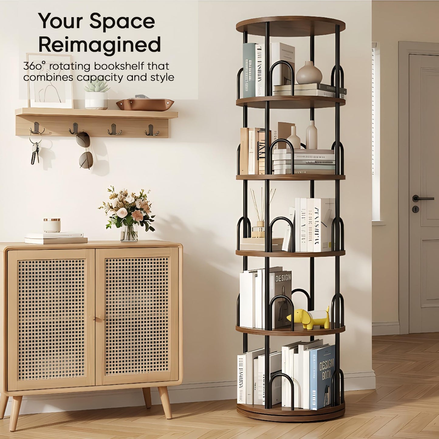 5 Tier Rotating Bookshelf, Corner Wooden, Metal Skinny Bookshelf for Toy Lego Dispaly Book Shelf Room Storage Organizer Furniture Black Tall Bookcase for Bedroom Living Room Office Kitchen Shelf