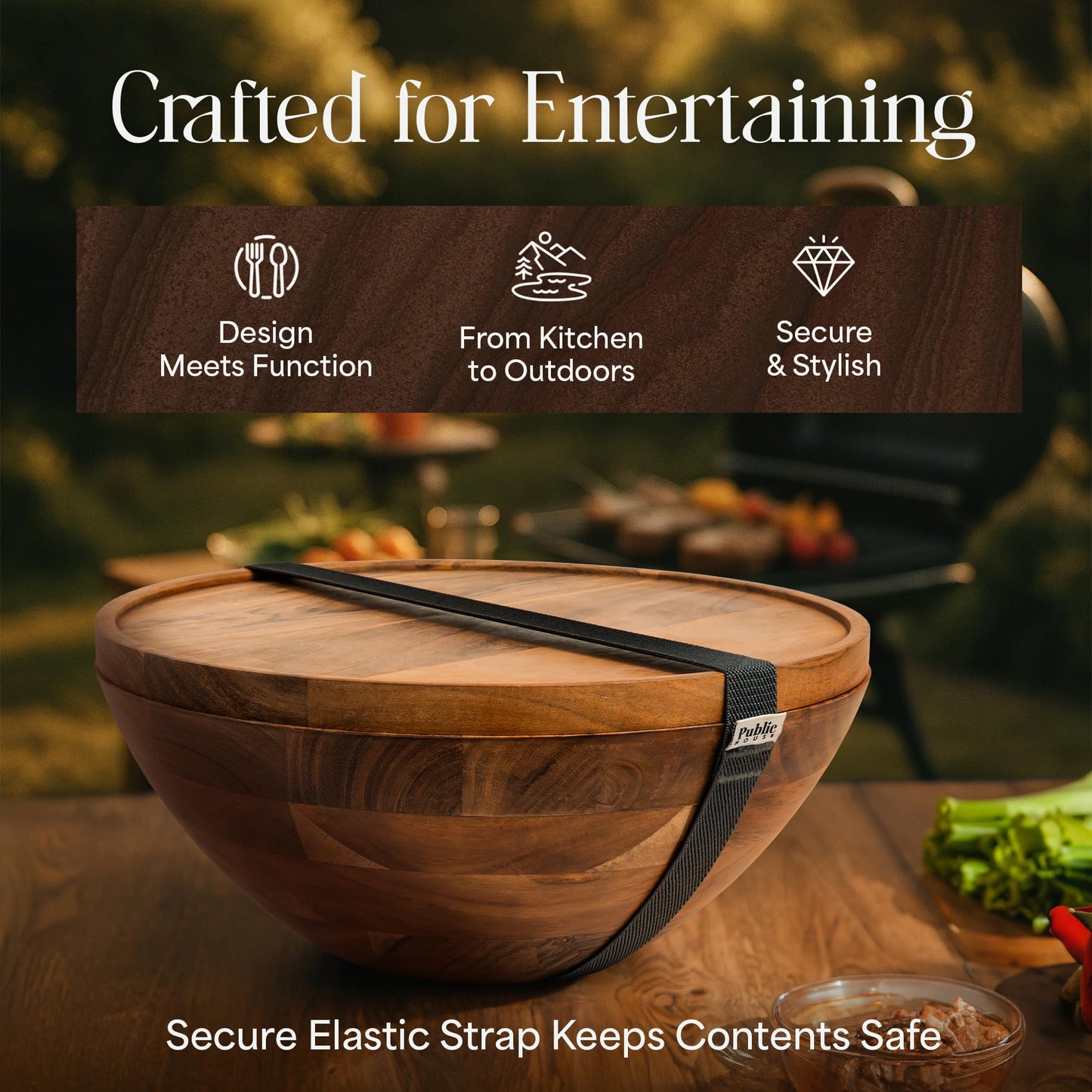 Public House Large Wooden Salad Bowl Set 12.5 Inch with Serving Utensils, Tray Lid and Carry Strap. Acacia Wood Large Salad Bowls Ideal for Fruits and Dishes, Wooden Bowls for Food, Serving Bowl