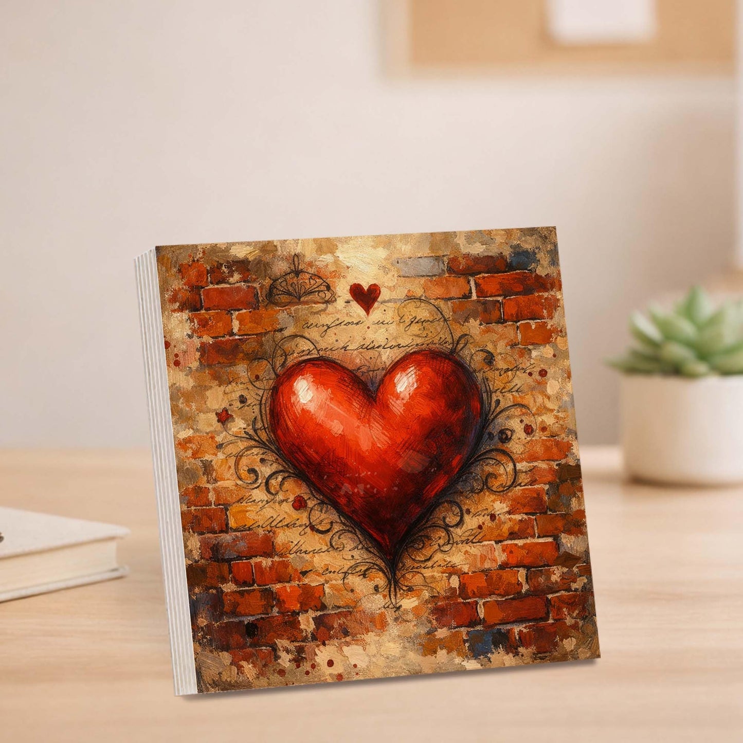 Heart Wooden Block Sign, Romantic Urban Art Wood Decor, Love Inspired Shelf Sitter Home Table Mantel Tiered Tray Accent, Meaningful Gift for Couple