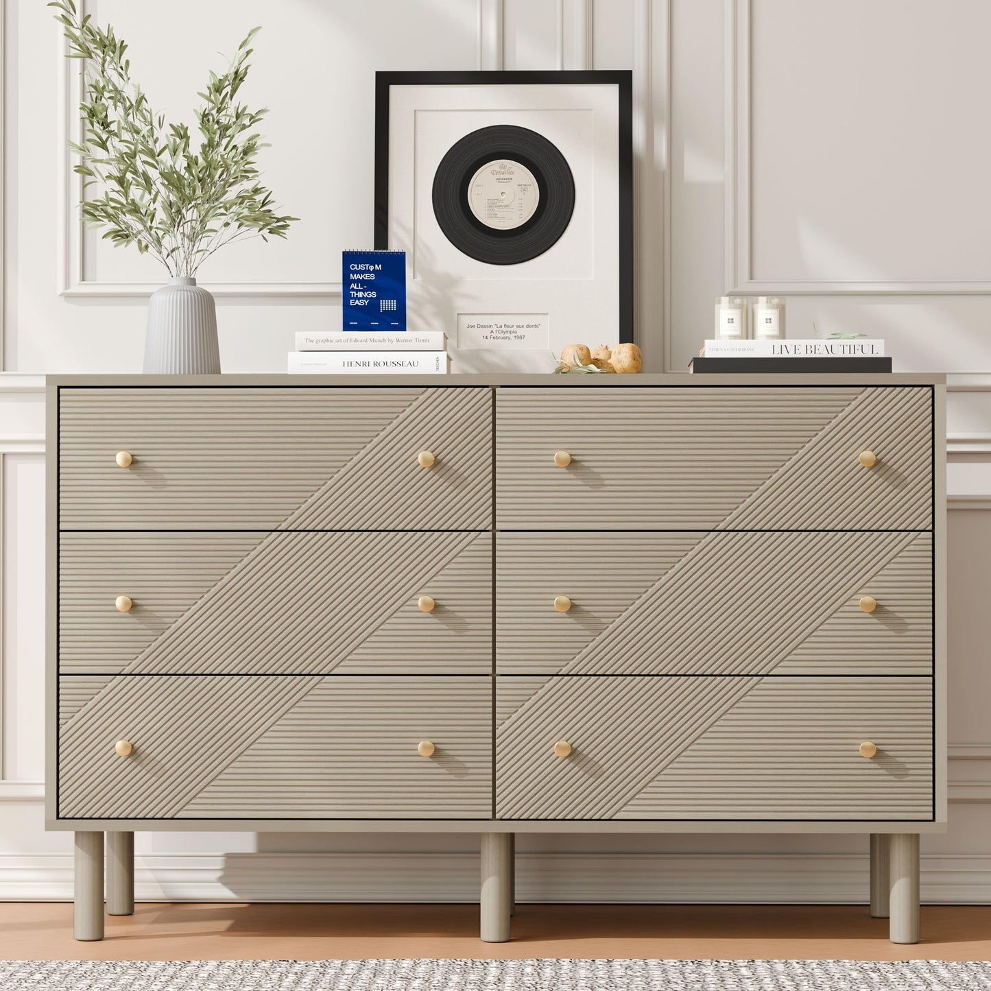 TRUNBACK Storage Drawers, 6 Drawer Dresser with Handles, 48" Wide Modern Wood Dresser Storage Cabinet Storage Chest for Living Room, Entryway, Hallway