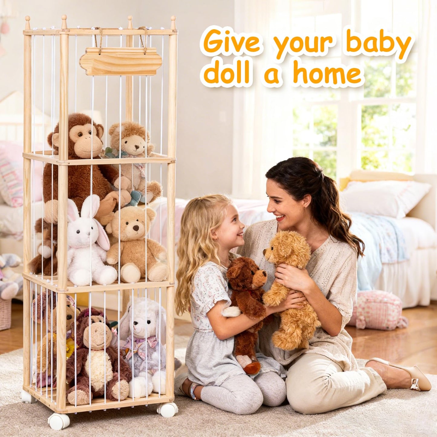 Stuffed Animal Storage - Wooden Large Organizer Holder for Kids' Room and Playroom - Plush Zoo Animals Holder with Elastic Cords & Brake Wheel for Toddler Bedroom Toy Stuff Organization