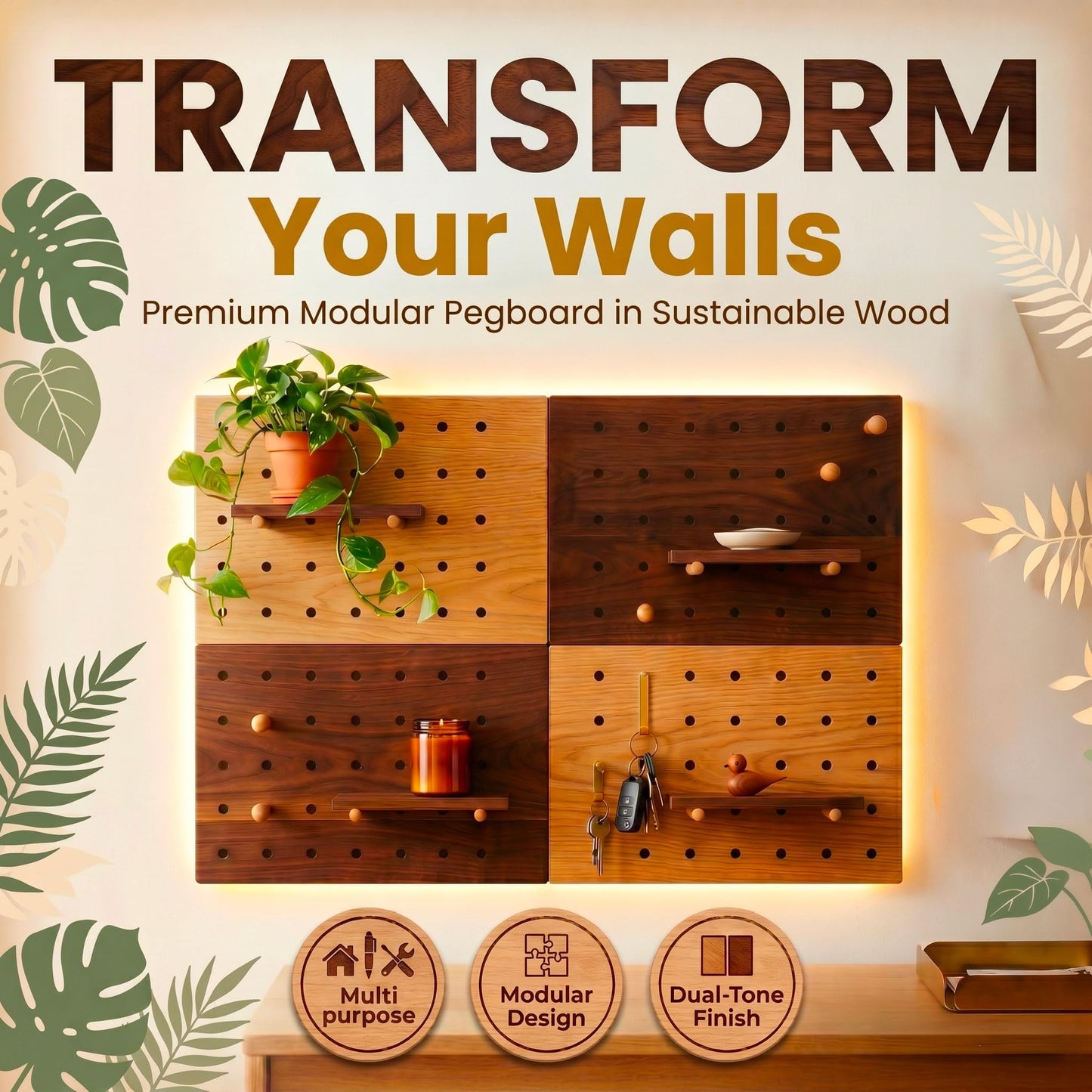 IliBx Wooden Pegboard Wall Organizer Kit – Modern Density Wood Peg Board with Shelves & Hooks – 2 Tone Natural & Brown Wood-Look Wall Organizer for Office Setup or Home Decor Storage Rack