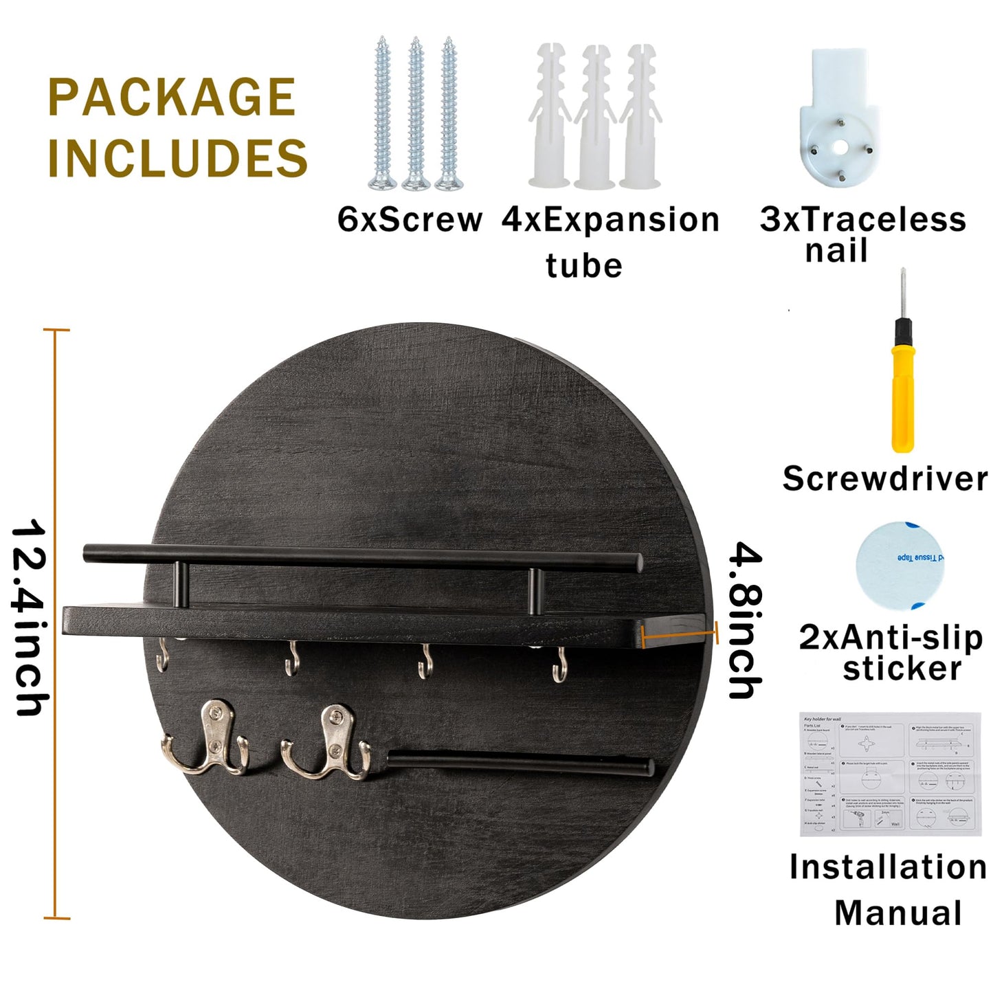 dreampossible Key Holder for Wall Decorative with Shelf and Hooks, Mail Organizer Wall Mount, Circular Design Entryway Key Rack Hanger, Rustic Home Decor (Black)