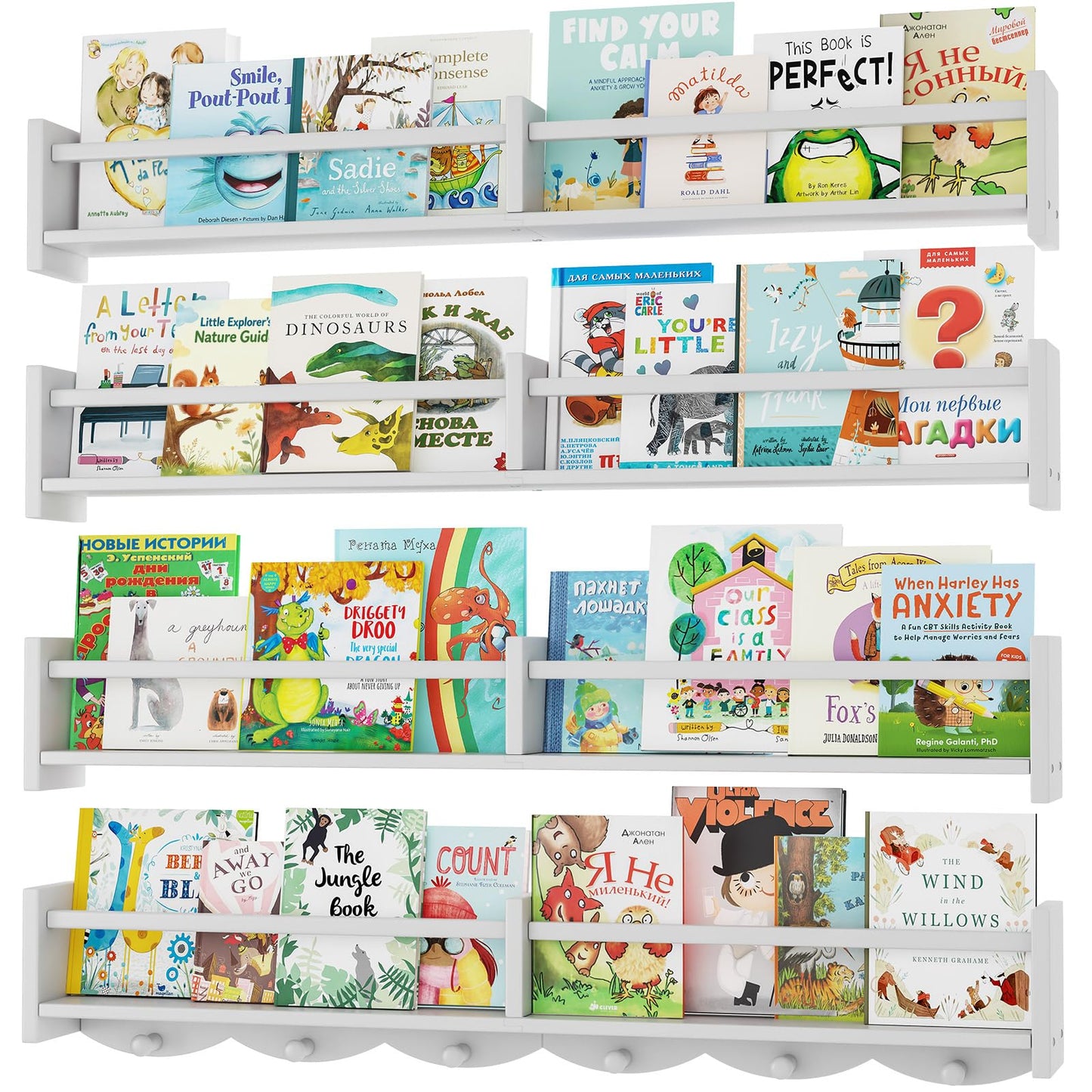 ECOOCE 34Inch Nursery Bookshelves,Set of 4,Wall Floating Shelf Kids Coat Rack with 6Hooks,Hanging Book Shelf for Baby Nursery Room Décor ，Patent Number: 29958098(White, 34)