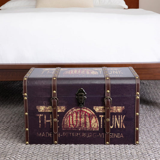 Household Essentials Large Decorative Trunk, Vintage Decoupage, Metal Accents with Leather Strapping, Strong MDF Frame, Clasps Shut, Brown