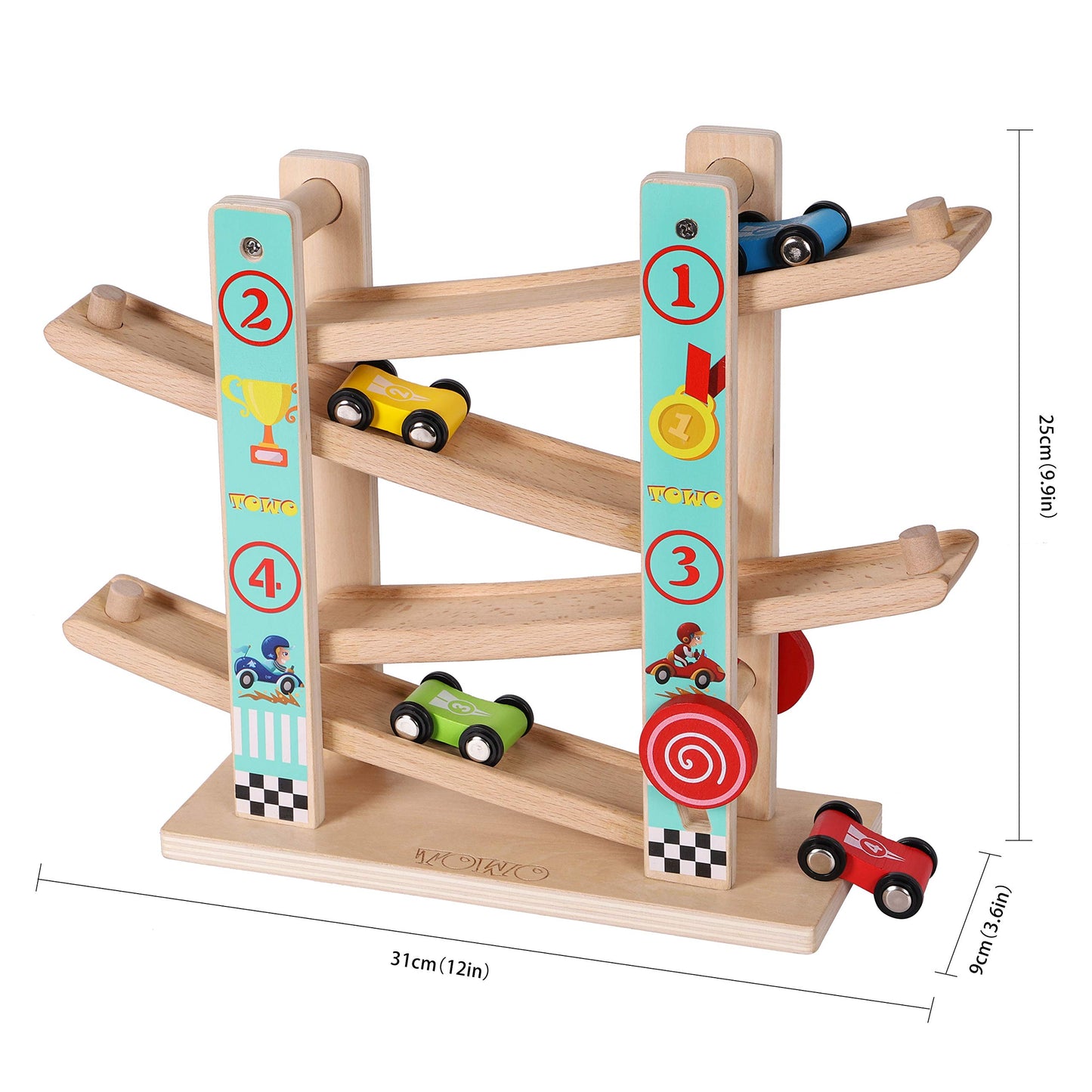 TOWO Pure Wooden Car Ramp - Zig Zag Car Slide Run with 4 Wooden Cars Playsets-Click Clack Track Toys for Toddlers -Racing Car Toys for Kids Boys Girls 2 3 4