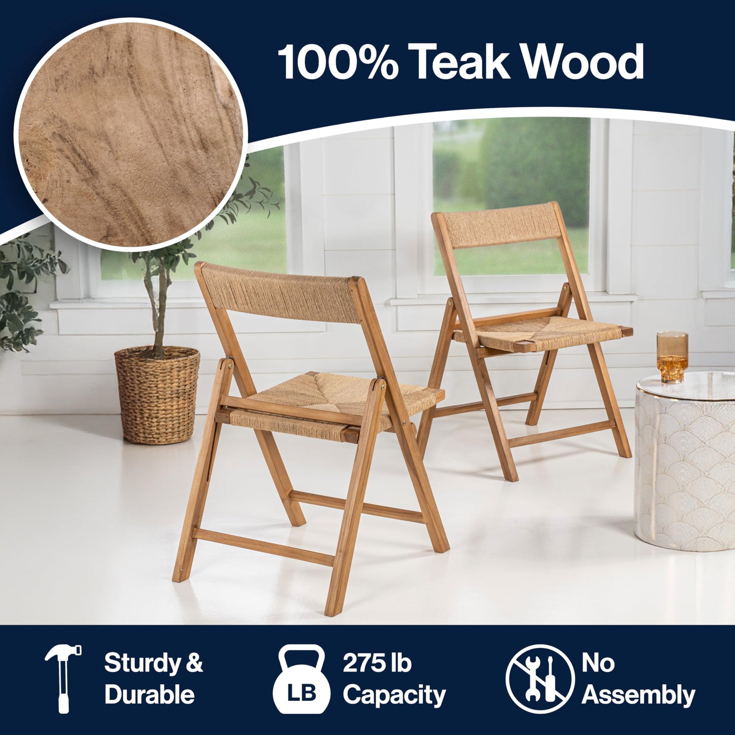 JONATHAN Y Kiawah Woven Seagrass and Natural Teak Wood Folding Chair Set of 2 for Dining Room, Coastal Armless Space-Saving Portable Seat with Natural Finish, No Assembly Required FLD1002A-SET2