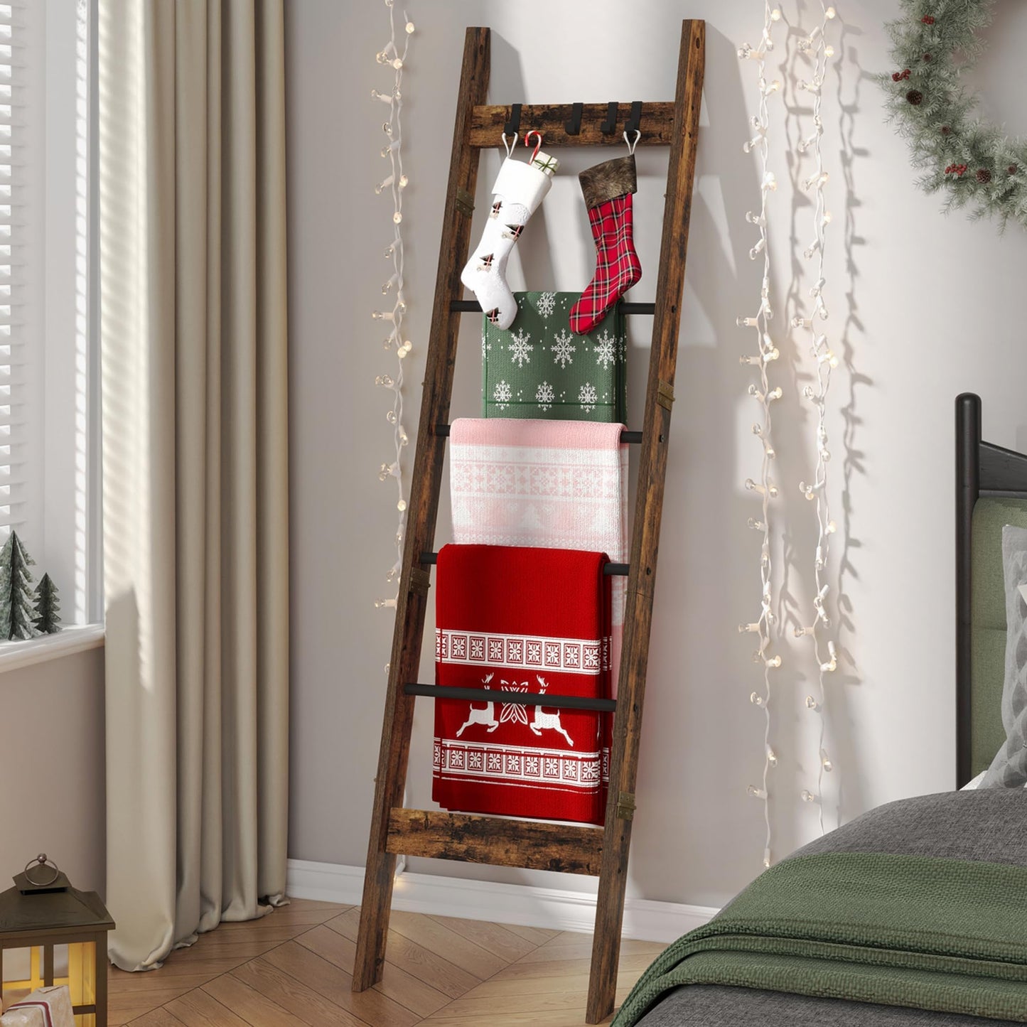 Hzuaneri Blanket Ladder for Living Room, Decorative Quilt Rack with 4 Removable Hooks, 5-Tier Farmhouse Ladder Holder Shelf Organizer for Bedroom, Rustic Brown and Black BR31501B