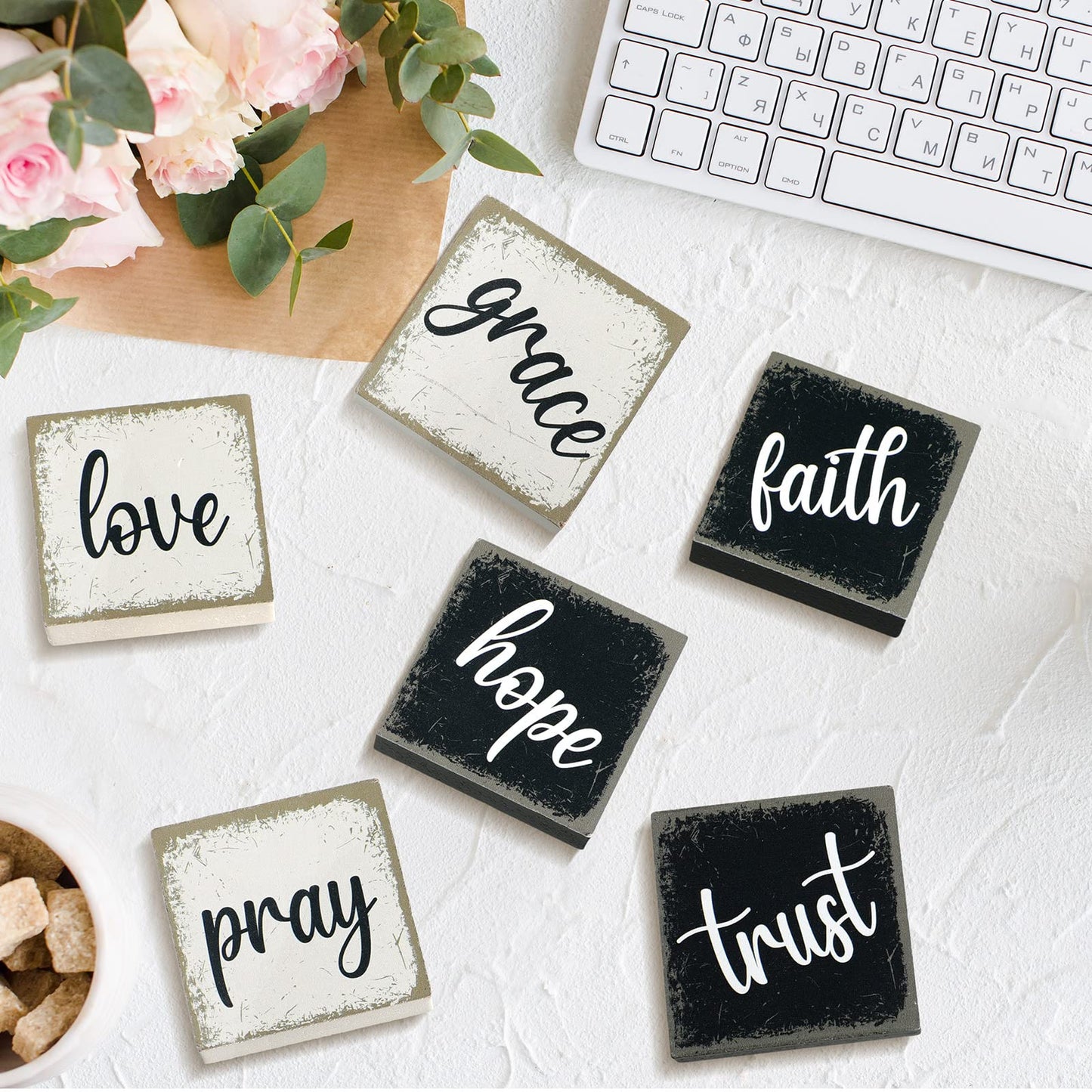 Qunclay 6 Pieces Farmhouse Tiered Tray Decor Inspirational Rustic Wood Sign Faith Love Hope Wooden Table Decorations Art Print Wooden Block Signs for Office Home Tabletop Bookshelf, 2.5 x 2.5 Inch