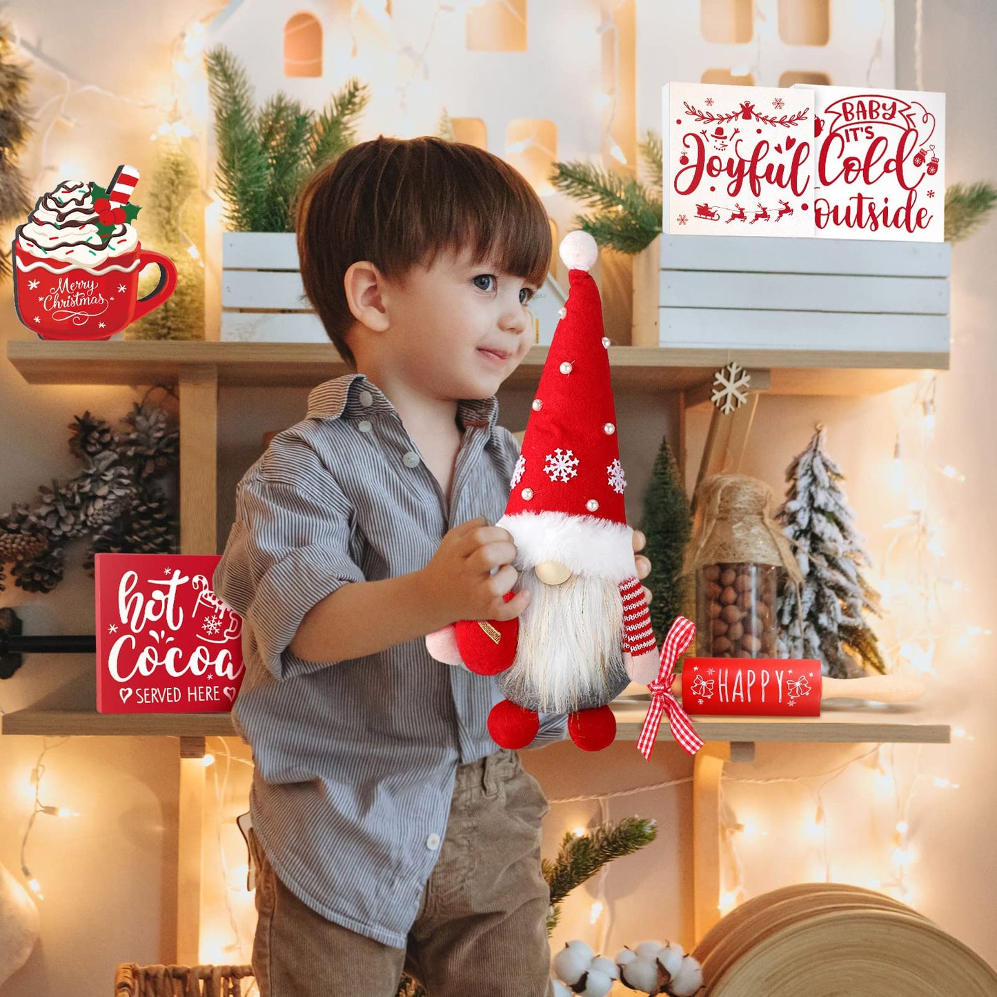 8 Pcs Christmas Tiered Tray Decor Includes 1 Pc Christmas Gnomes Plush Balls 4 Pcs Small Wooden Signs 2 Pcs Decorative Mini Rolling Pins 1pc Wood Holiday Bead Garland for Table Home Kitchen Decor