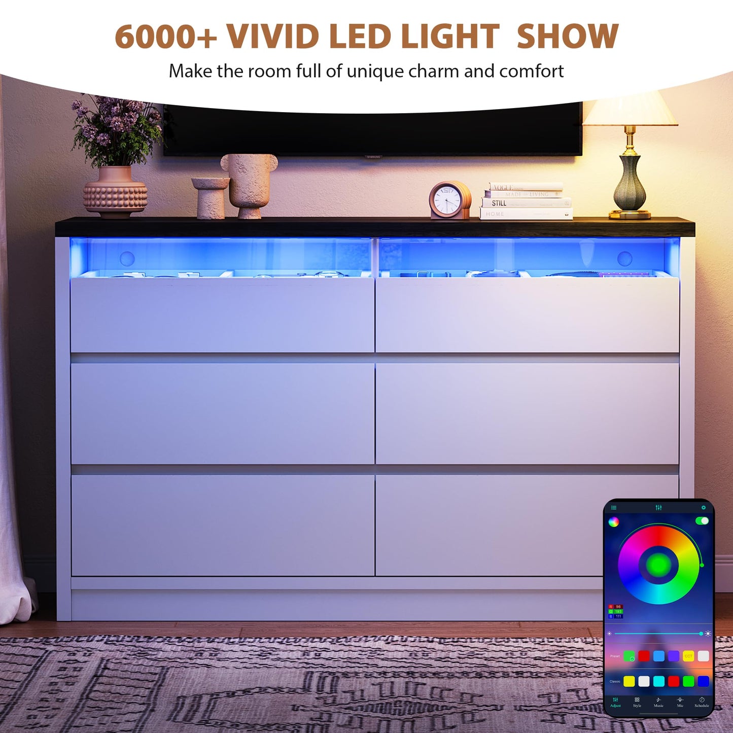 Jocoevol White 6 Drawer Dresser for Bedroom with LED Light, Modern Large Chest of Drawers, Wood Storage Double Dresser with Deep Drawers for Living Room, Entryway, Hallway, White