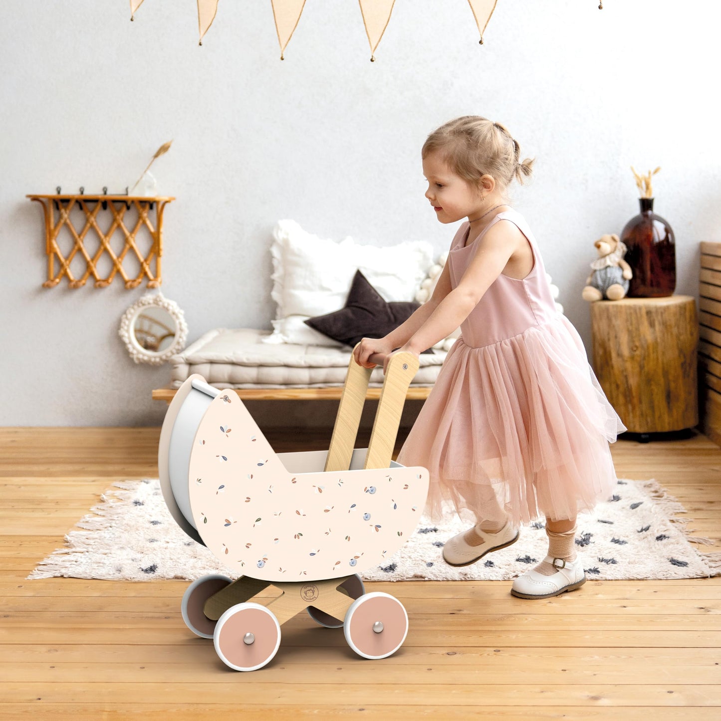 SPEEDY MONKEY Flowers Cottage Wooden Playset with Doll Pram & Doll Play Set | Wooden Baby Doll Stroller with Rabbit Baby Doll Playset with Feeding Accessories | Role Play Gift Set for Girls & Boys
