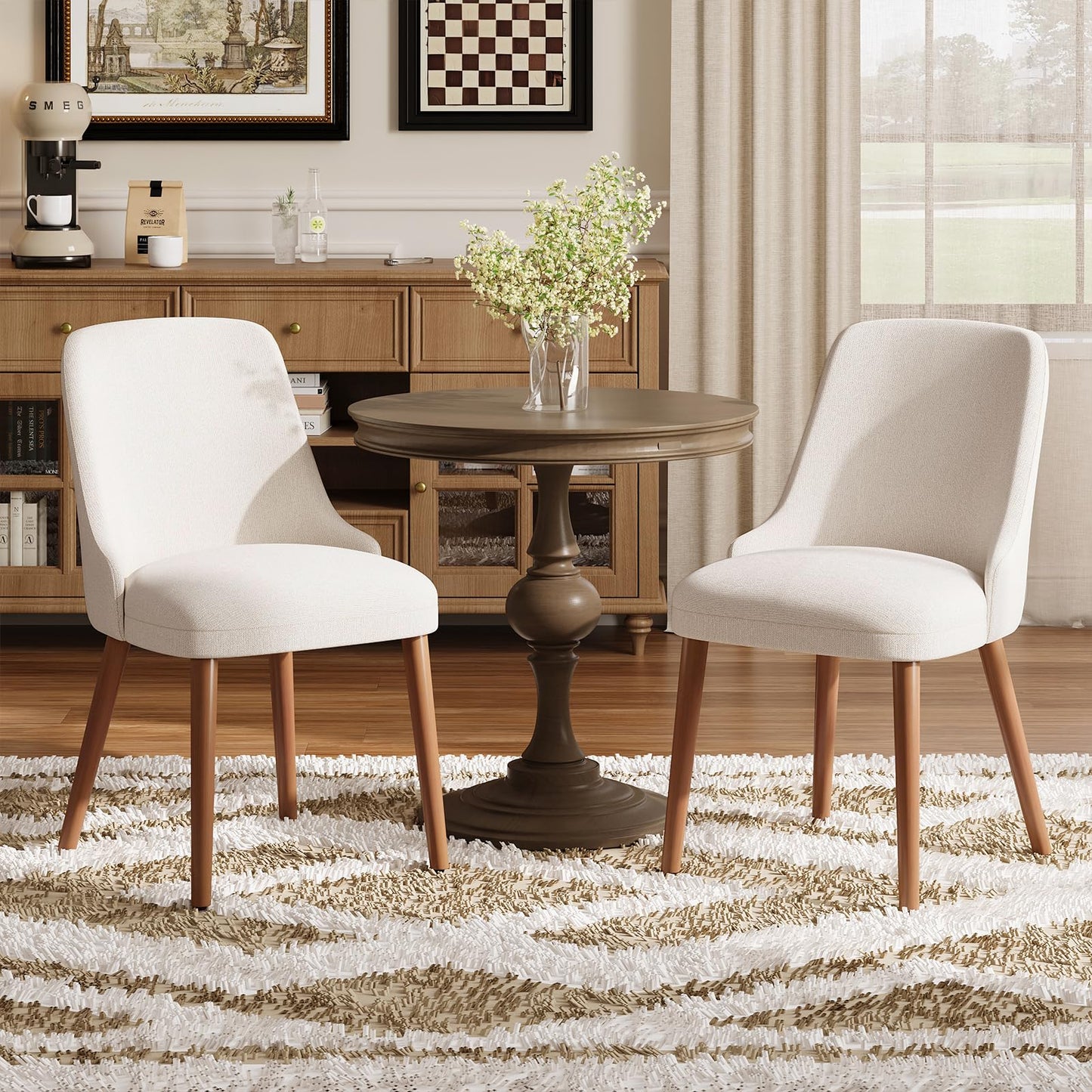 MALOL Upholstered Dining Chairs Set of 2, High-Back Dining Room Chair with Wood Legs, Padded Kitchen Chairs for Dining Room/Restaurant/Cafe, Beige