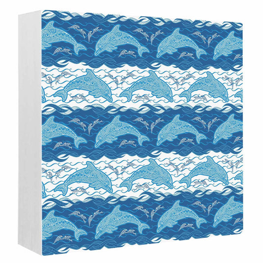 Ocean Dolphin Wood Box Sign Desk Decor, Blue Nautical Waves Vintage Summer Ethnic Decorative Wooden Block Box Sign Decorations for Home Office Shelf Table Decor 6x6 Inches