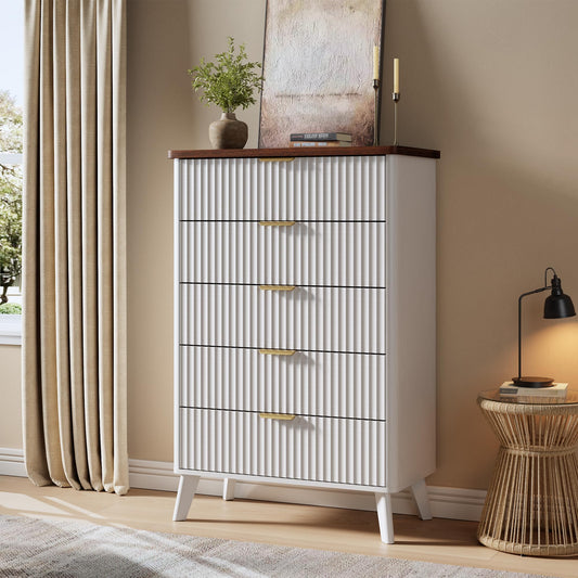 GarveeHome Fluted Dresser for Bedroom with 5 Deep Drawers, 47.2" Tall Chest of Drawers, Curved Profile Design, Modern Wooden Dresser, for Living Room, Kids Room, Hallway, White