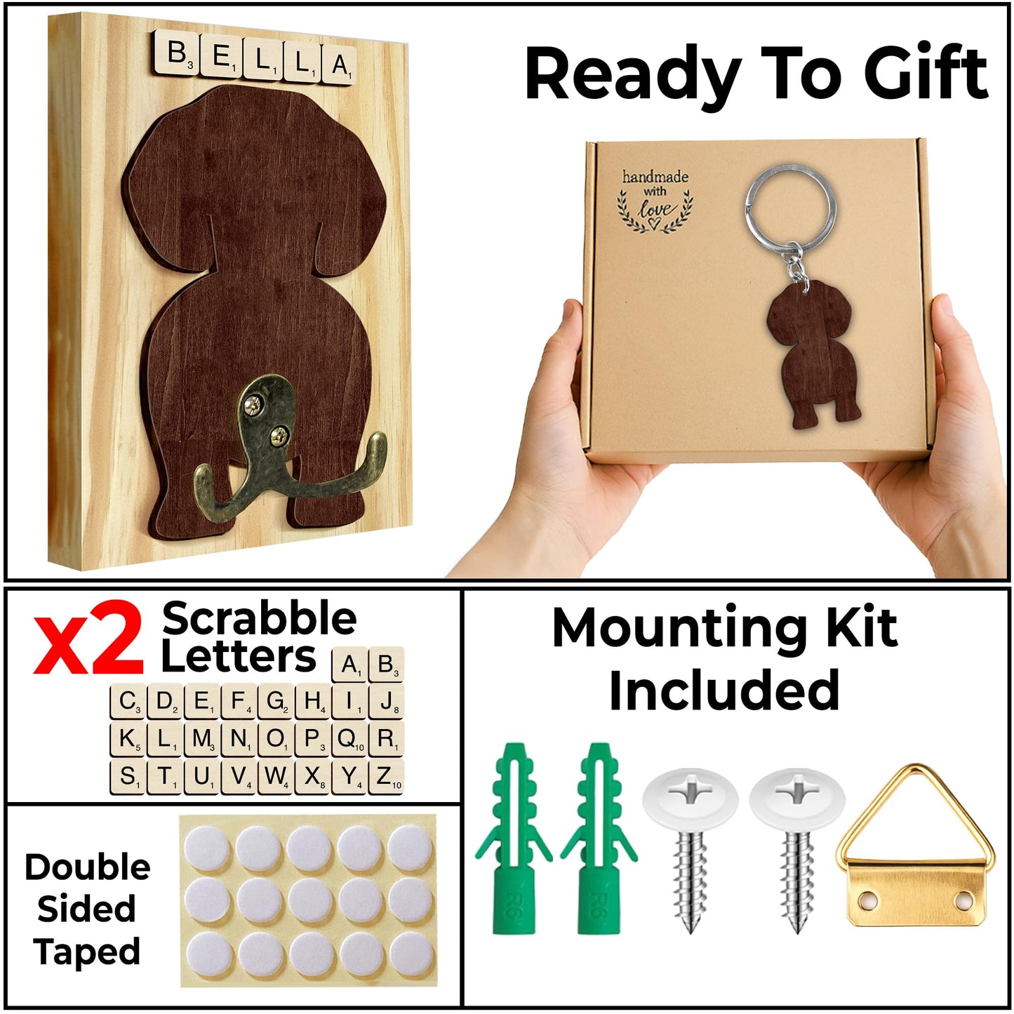 VINARTSVN Beagle Dog Leash Holder Wall Mount with Scrabble Letters, Wooden Dog Wall Hook Organizer, Pet Collar and Harness Hanger for Entryway, Key Hook Gift for Pet Lovers, Home Decoration PF297-8