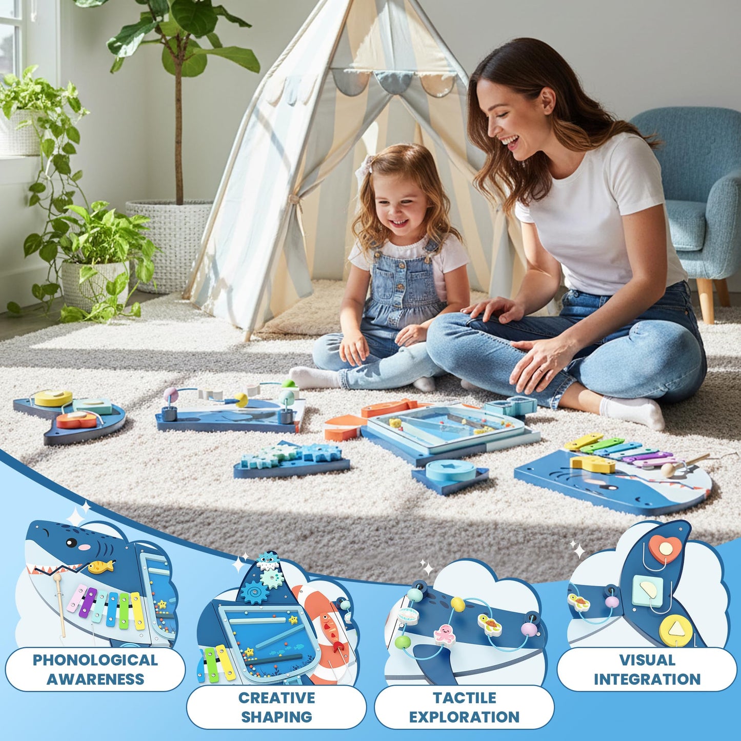 Easyego Wall Busy Board Panels, Montessori Sensory Activity Center - Wooden Educational Toys for Toddlers, Promotes Holistic Development, Holiday/Birthday Gift for Boys & Girls - Shark